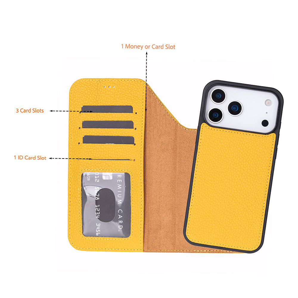 Kart yuvalı sarı telefon kılıfı. 3 kart yuvası, 1 kimlik yuvası ve 1 para yuvası bulunur.