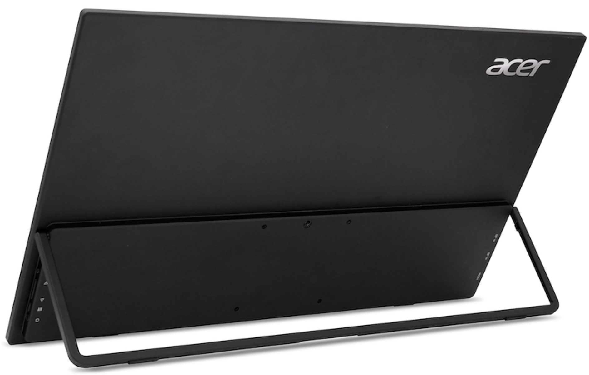 Monitor Acer negro con soporte integrado en la parte posterior.