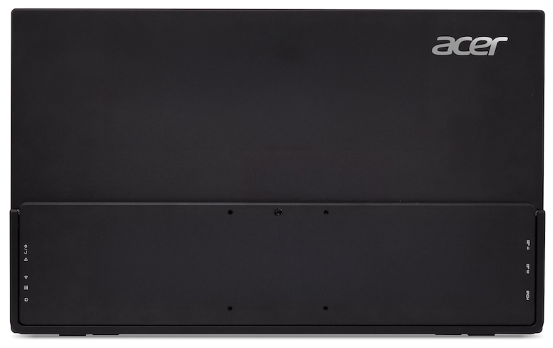 Portátil Acer negro con puertos en la parte inferior y logo de Acer arriba a la derecha.