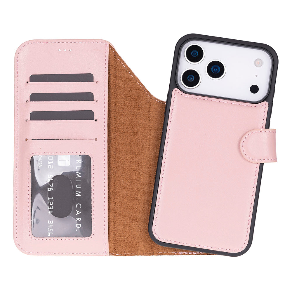 Kart yuvaları ve telefon bulunan pembe kapaklı telefon kılıfı.