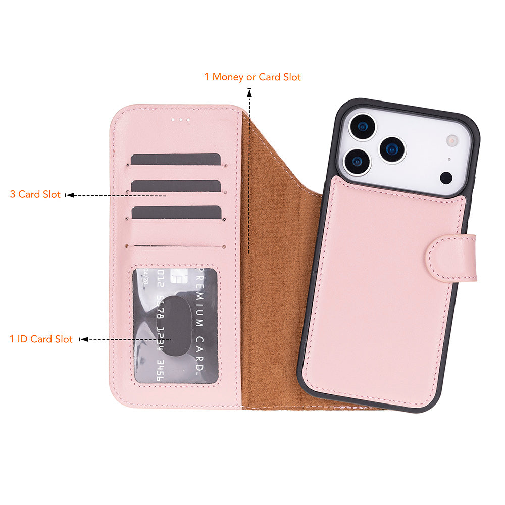 Kart yuvaları ve kimlik penceresi olan pembe telefon kılıfı.