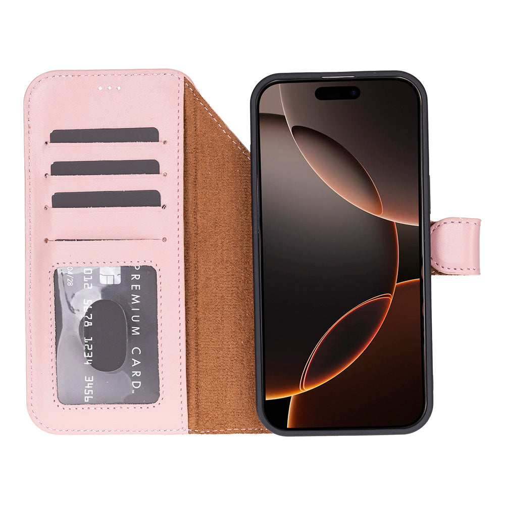 Kart yuvalar0³ ve siyah iPhone tutan kahverengi astarl0³ pembe iPhone k0³l0³f0³.