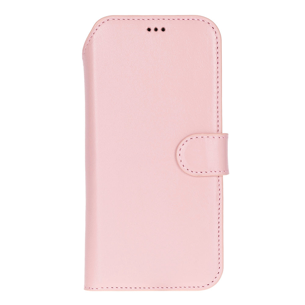 Dikişli ve çıtçıt kapaklı pembe cep telefonu kılıfı.