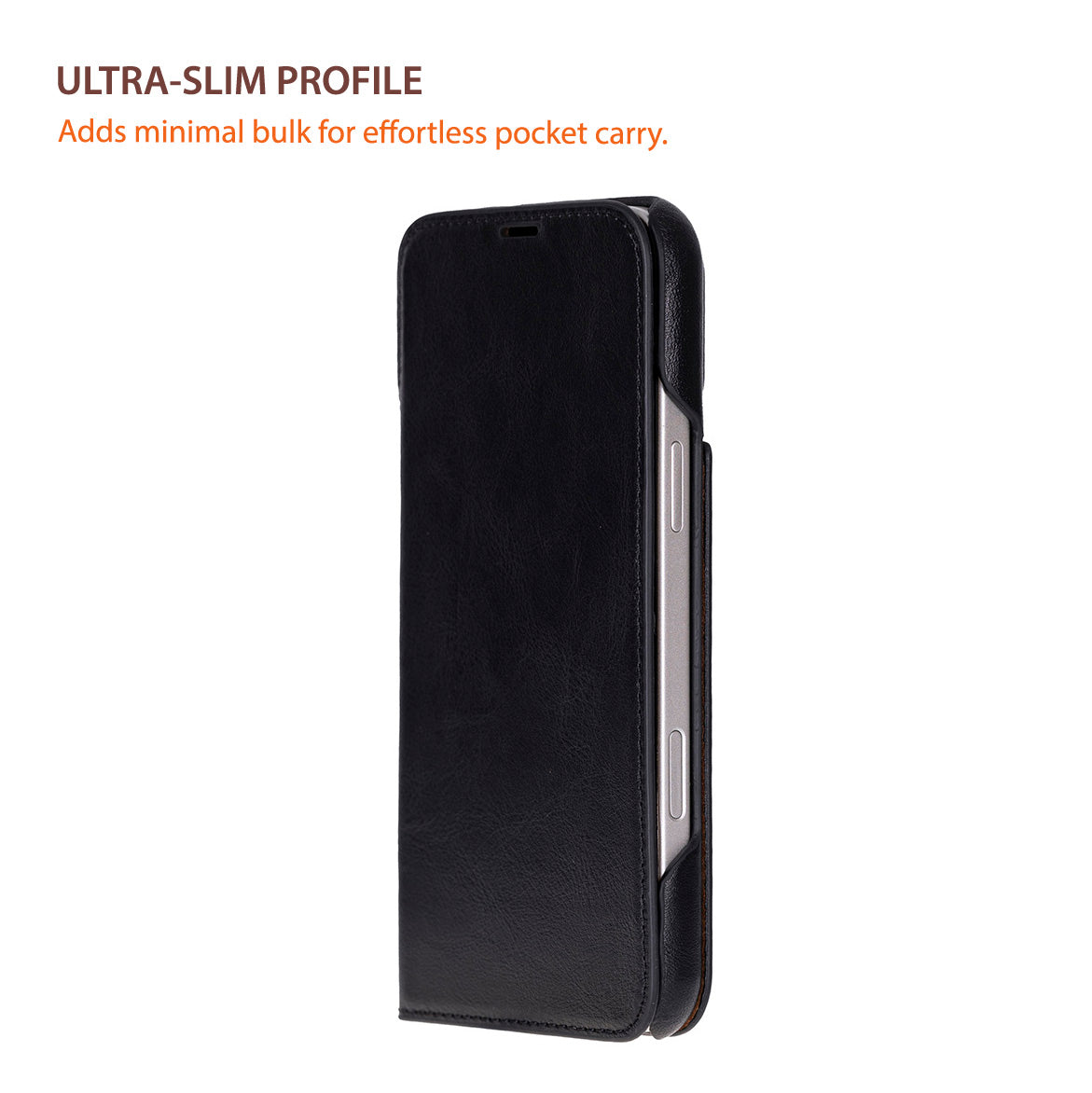 Minimal hacim kaplayan siyah, ultra-ince telefon kılıfı.