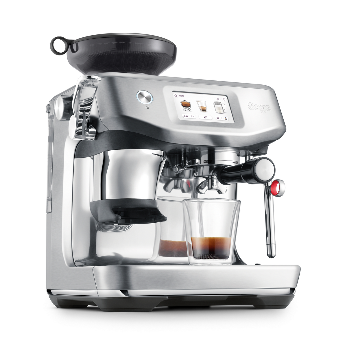 Macchina per espresso argentata con macinacaffè integrato e un bicchierino di espresso.