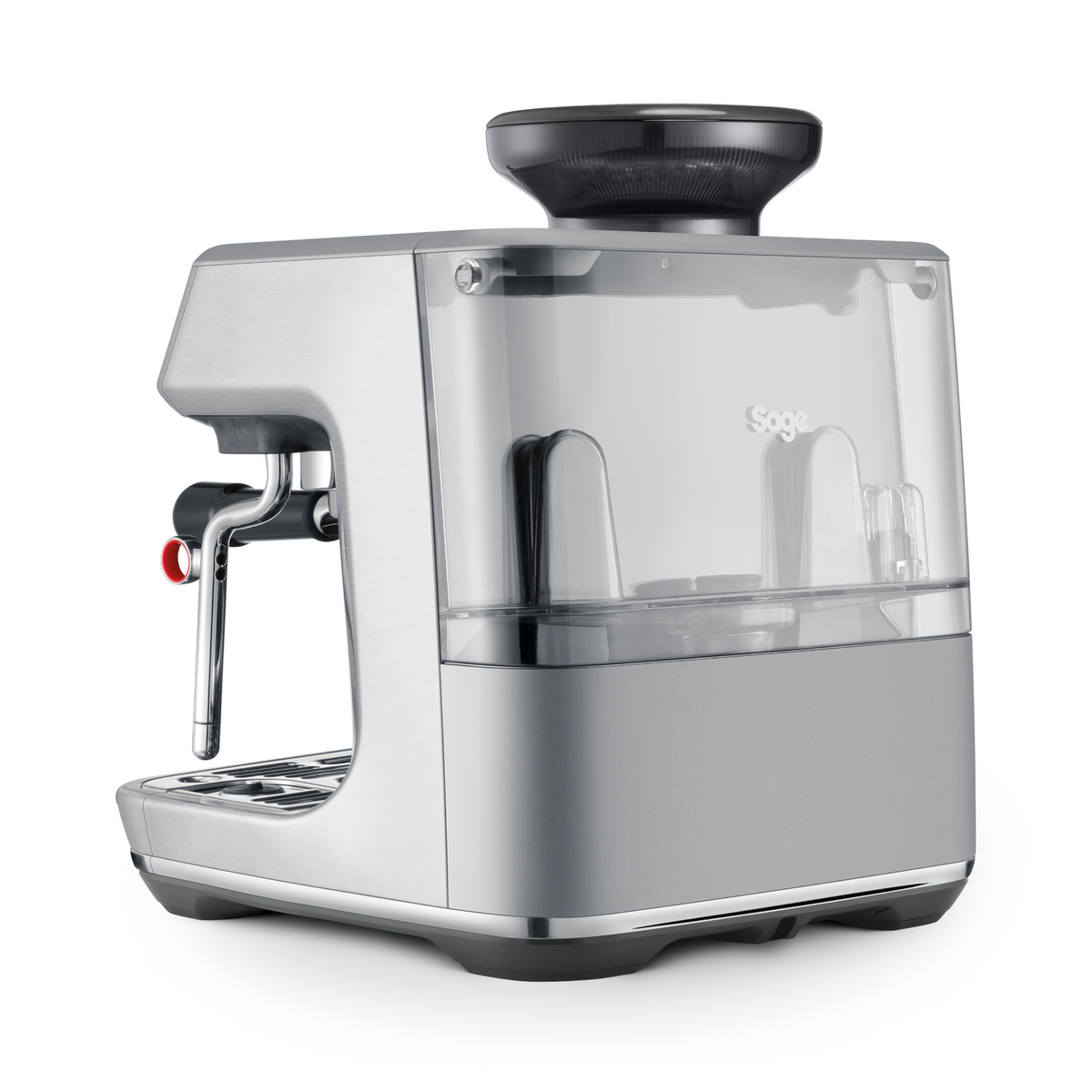 Macchina da caffè Sage argentata con serbatoio acqua trasparente e macinacaffè nero.