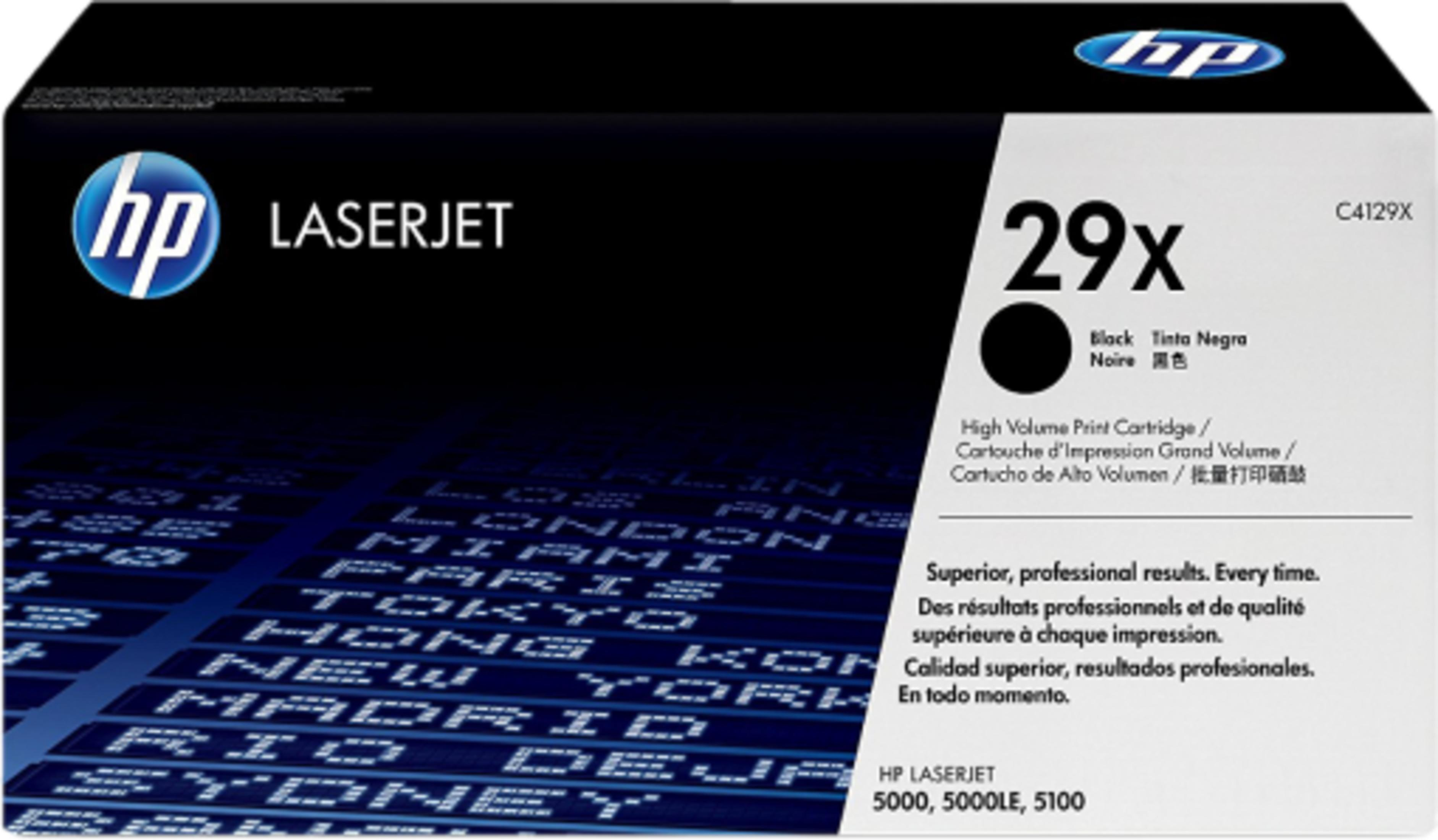 Czarny toner HP LaserJet 29x na ciemnym tle z nazwami miast.