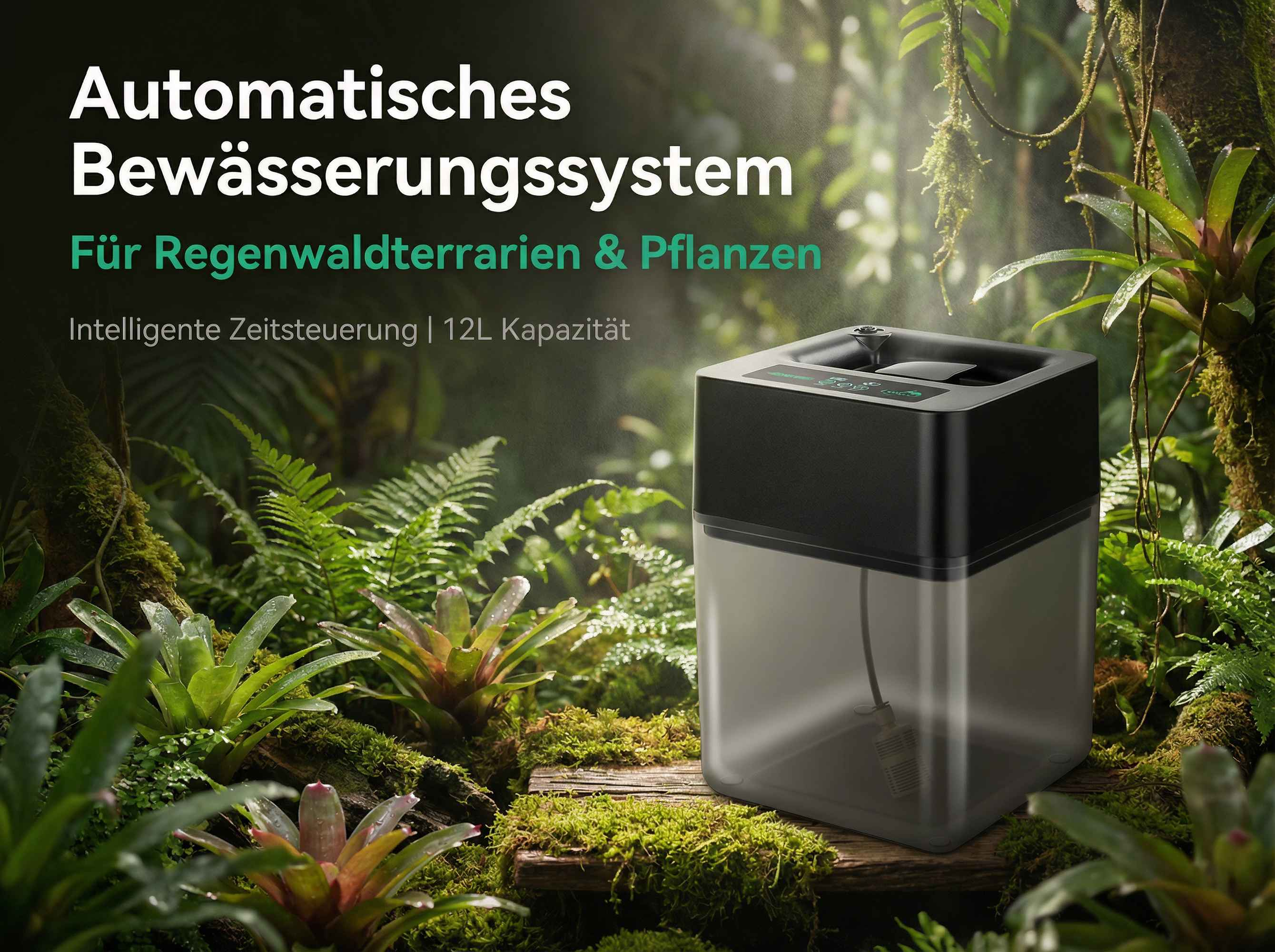 Ein automatisches Bewässerungssystem für Regenwaldterrarien in üppiger Dschungel-Umgebung.