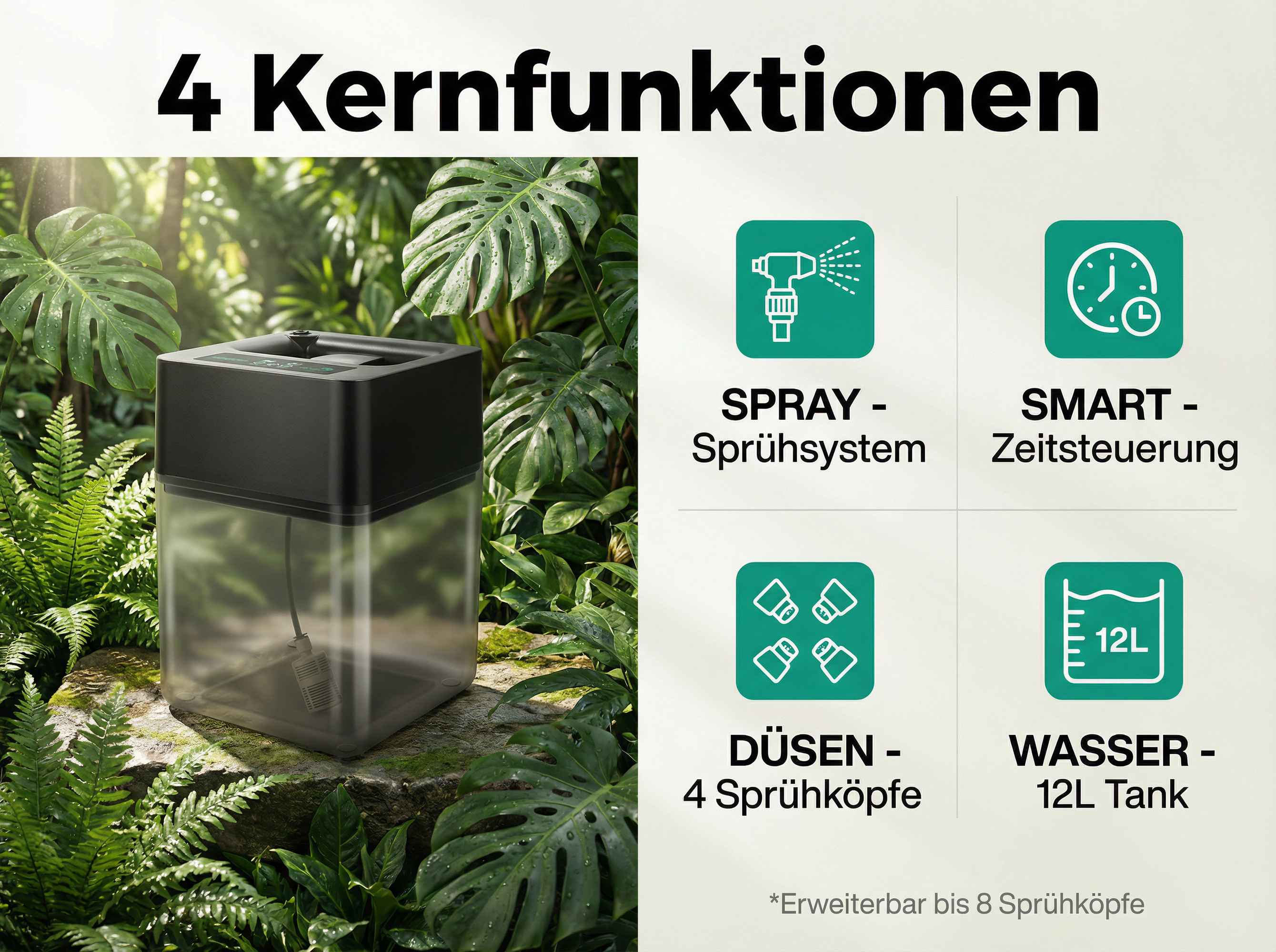 Ein Sprühsystem mit 4 Kernfunktionen: Sprühsystem, Zeitsteuerung, 4 Düsen, 12L Tank.