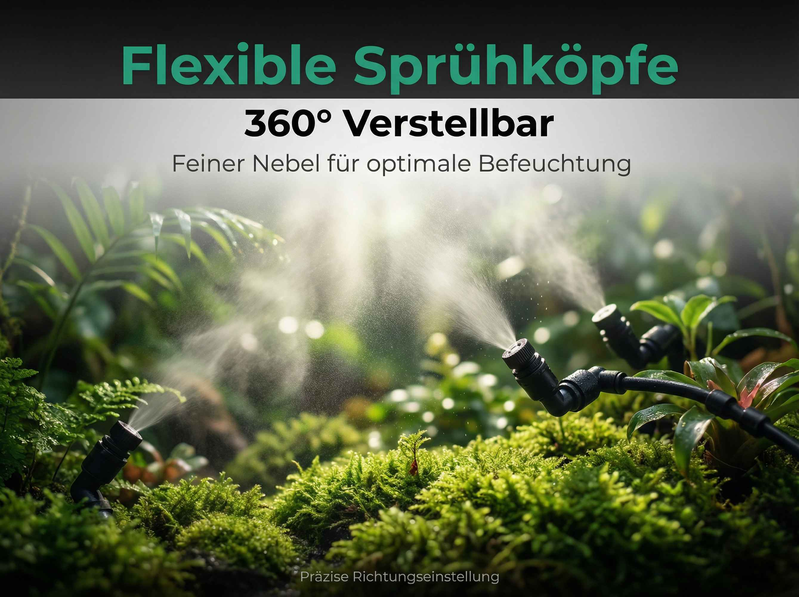 Sprühen von feinem Nebel auf üppiges Moos und Pflanzen.