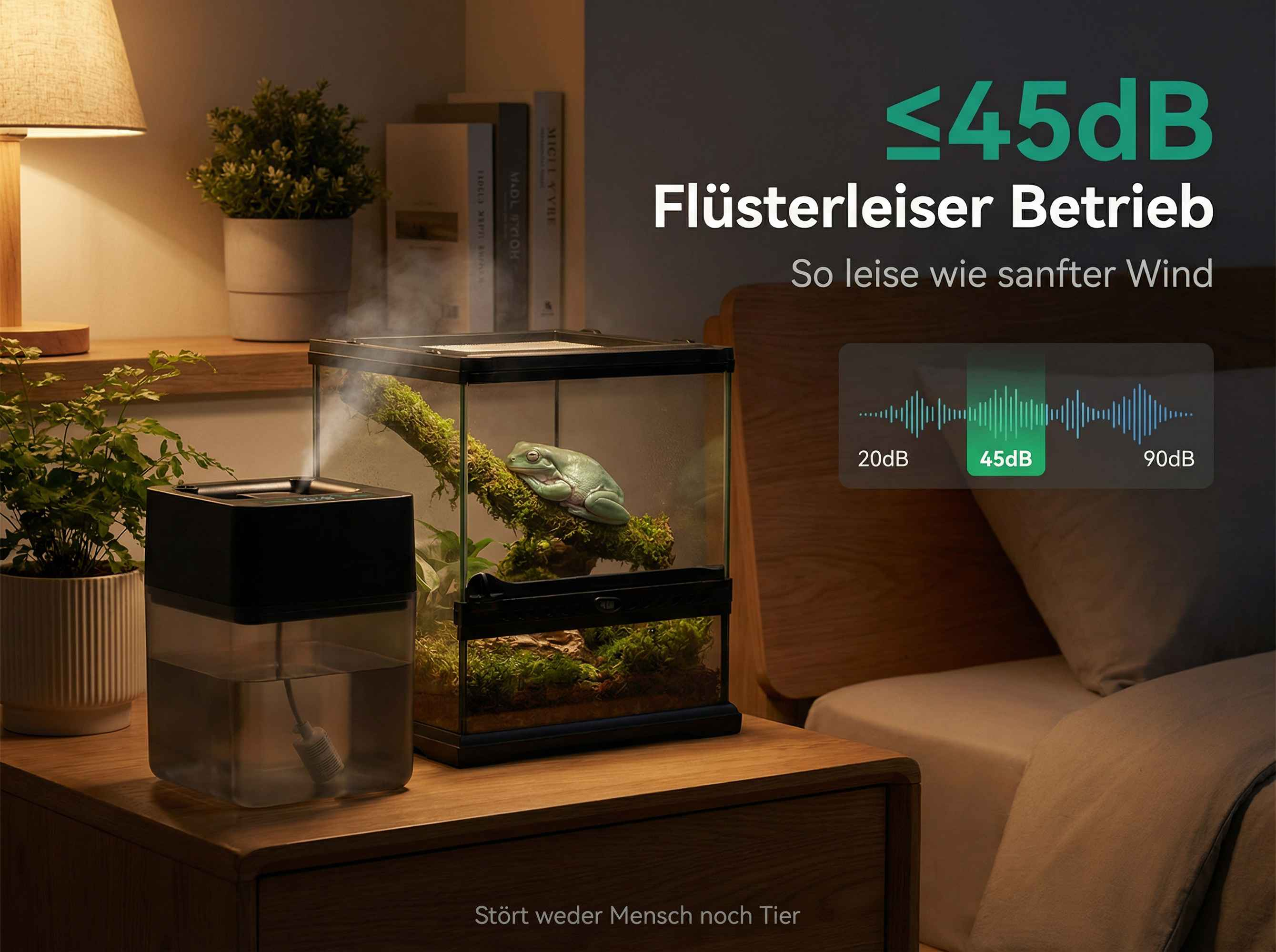 Luftbefeuchter mit leuchtendem Terrarium, das einen Frosch beherbergt. <lt/>45dB.