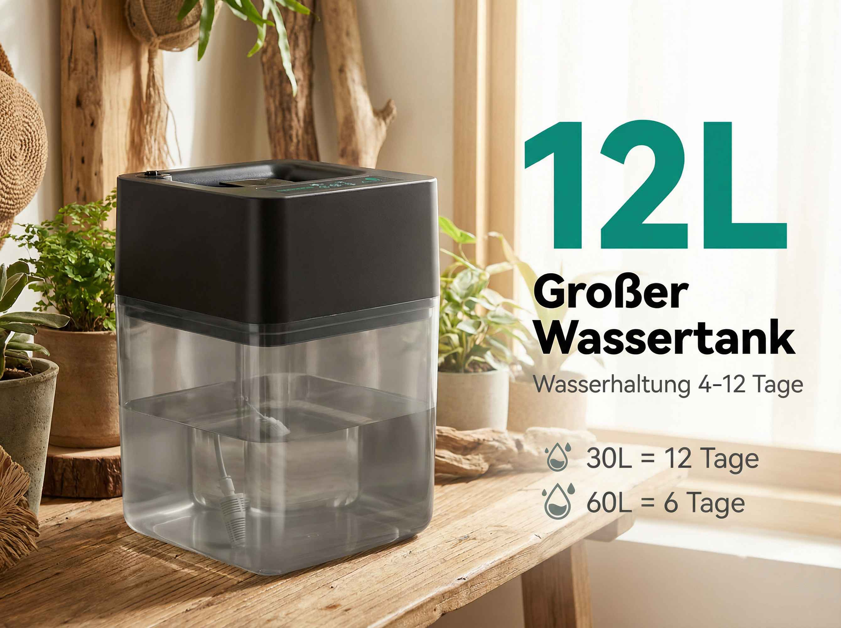 Ein großer schwarzer Luftbefeuchter mit 12L Tank steht auf einem Holztisch.