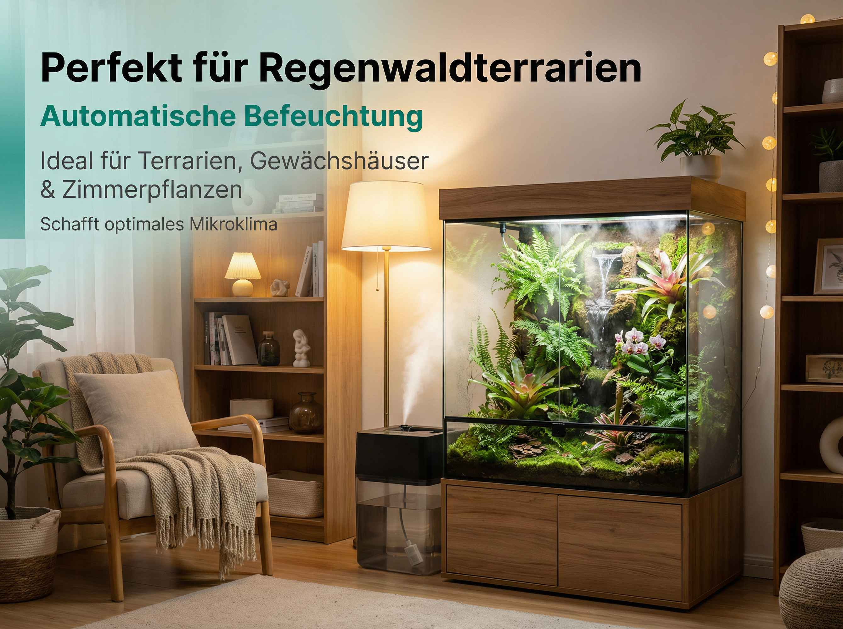 Ein Terrarium mit Wasserfall und Pflanzen, neben einem Sessel und einem Luftbefeuchter.