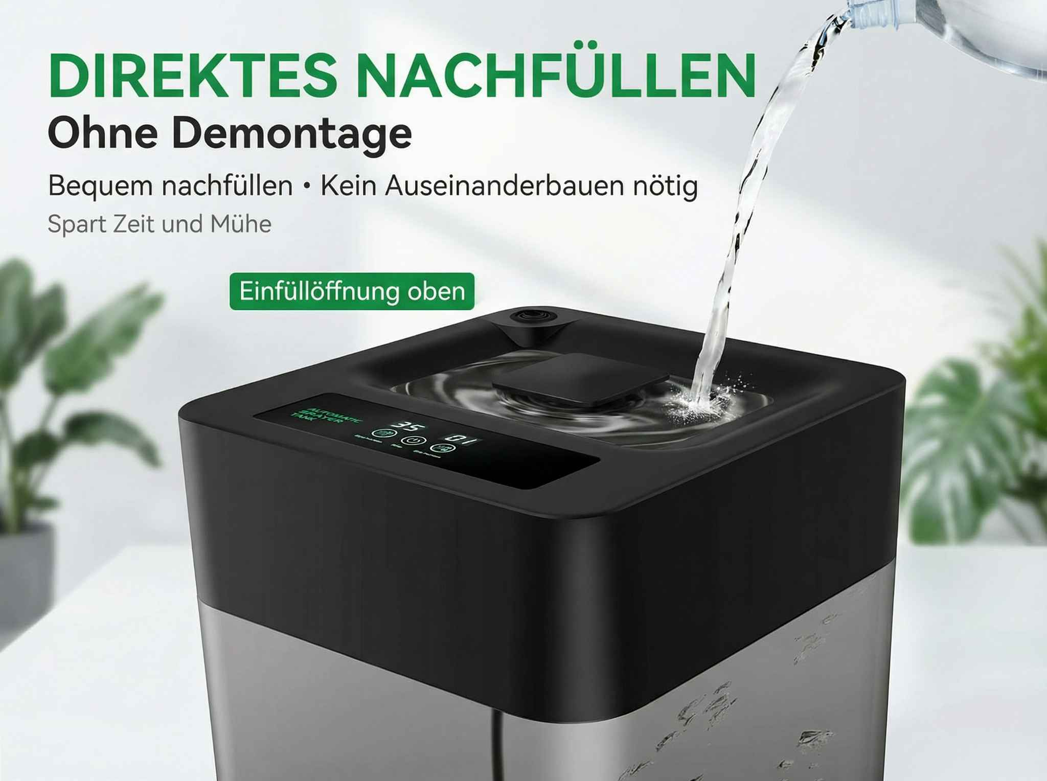 Wasser wird in einen schwarzen und silbernen Behälter mit digitaler Anzeige gefüllt.