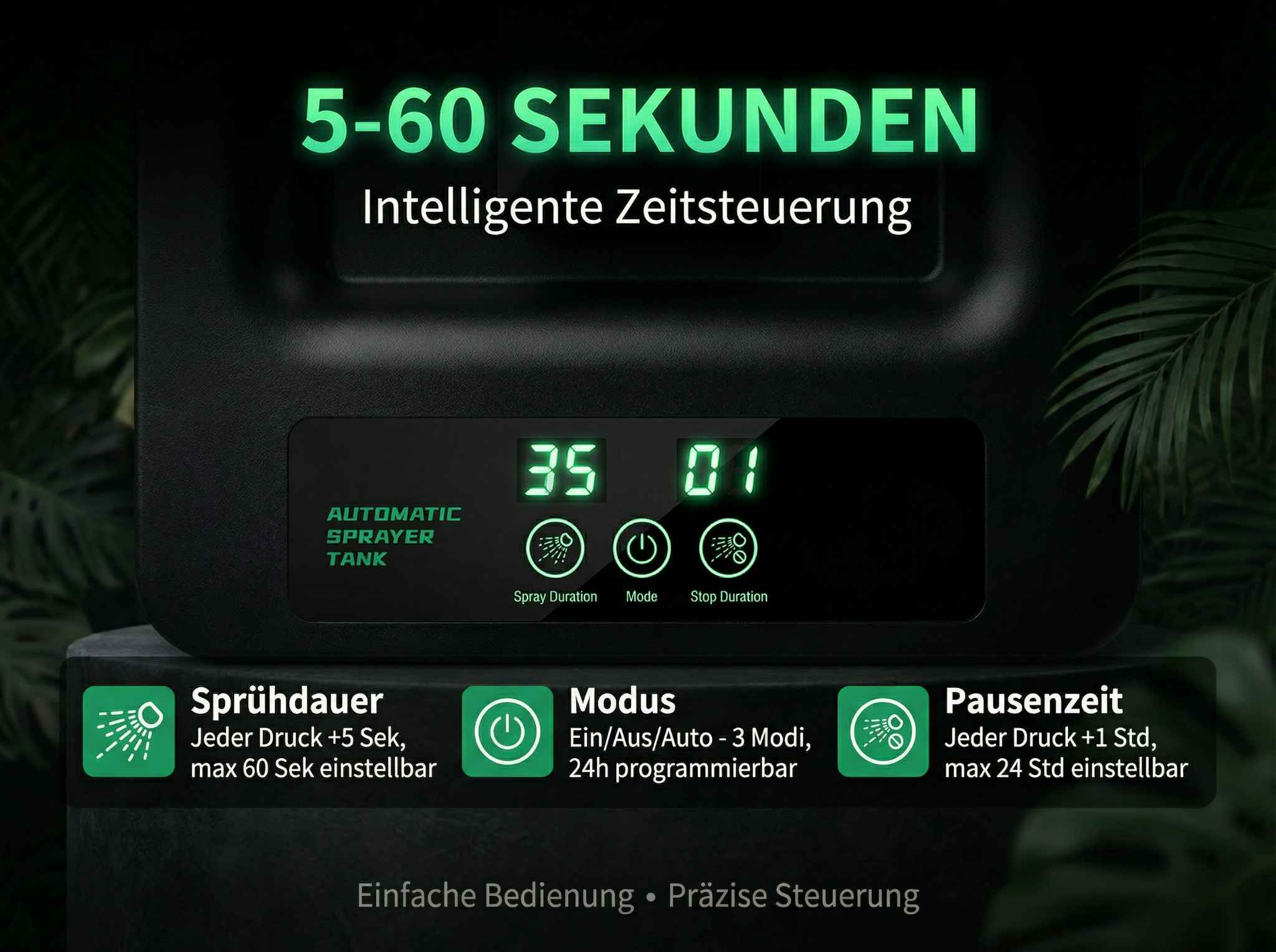 Automatischer Sprühtank mit digitaler Anzeige und 3 Einstellmodi.