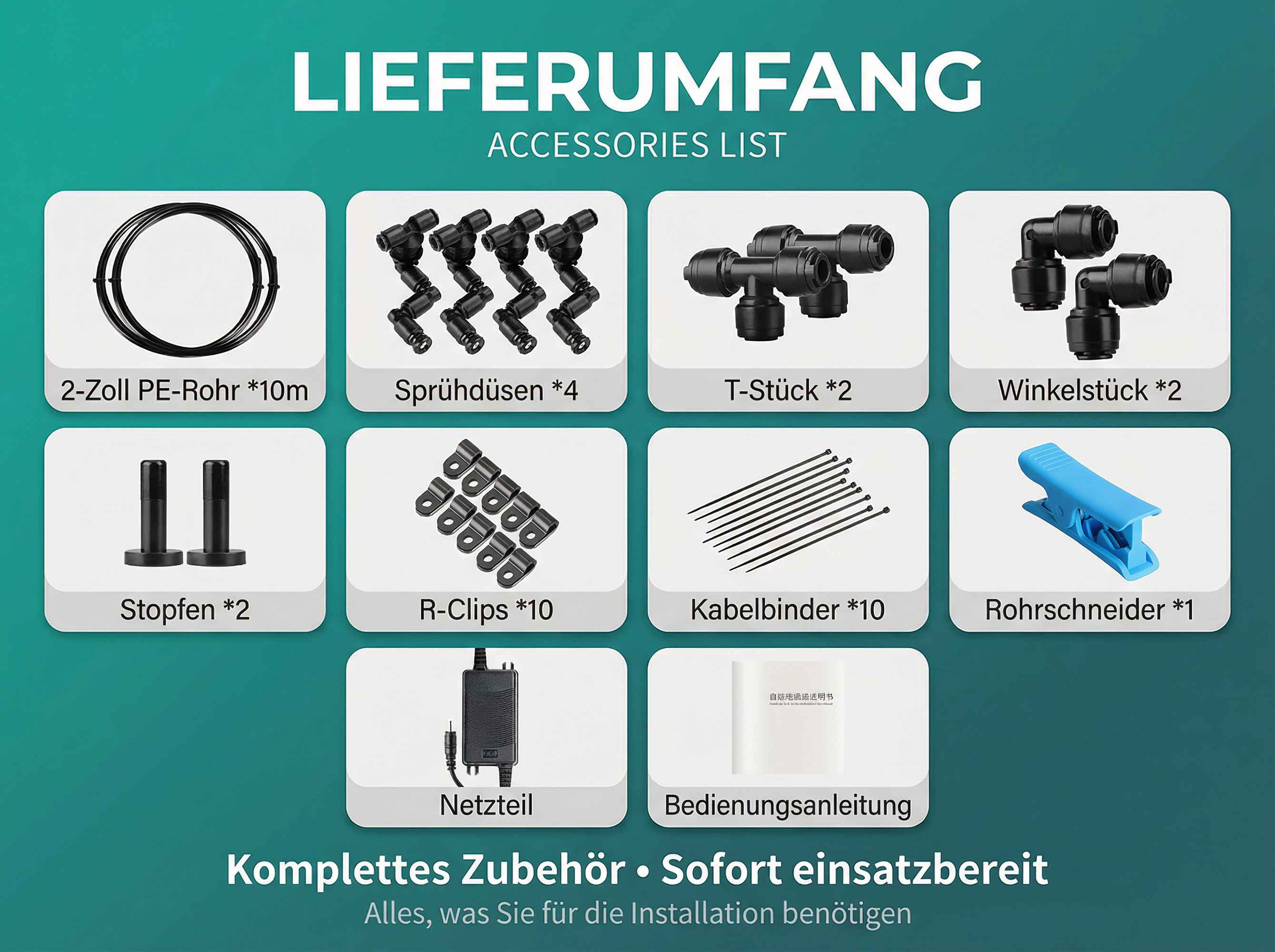 Zubehörliste mit Rohr, Düsen, T-Stücken, Winkelstücken, Stopfen, R-Clips, Kabelbindern, Rohrschneider, Netzteil und Anleitung.