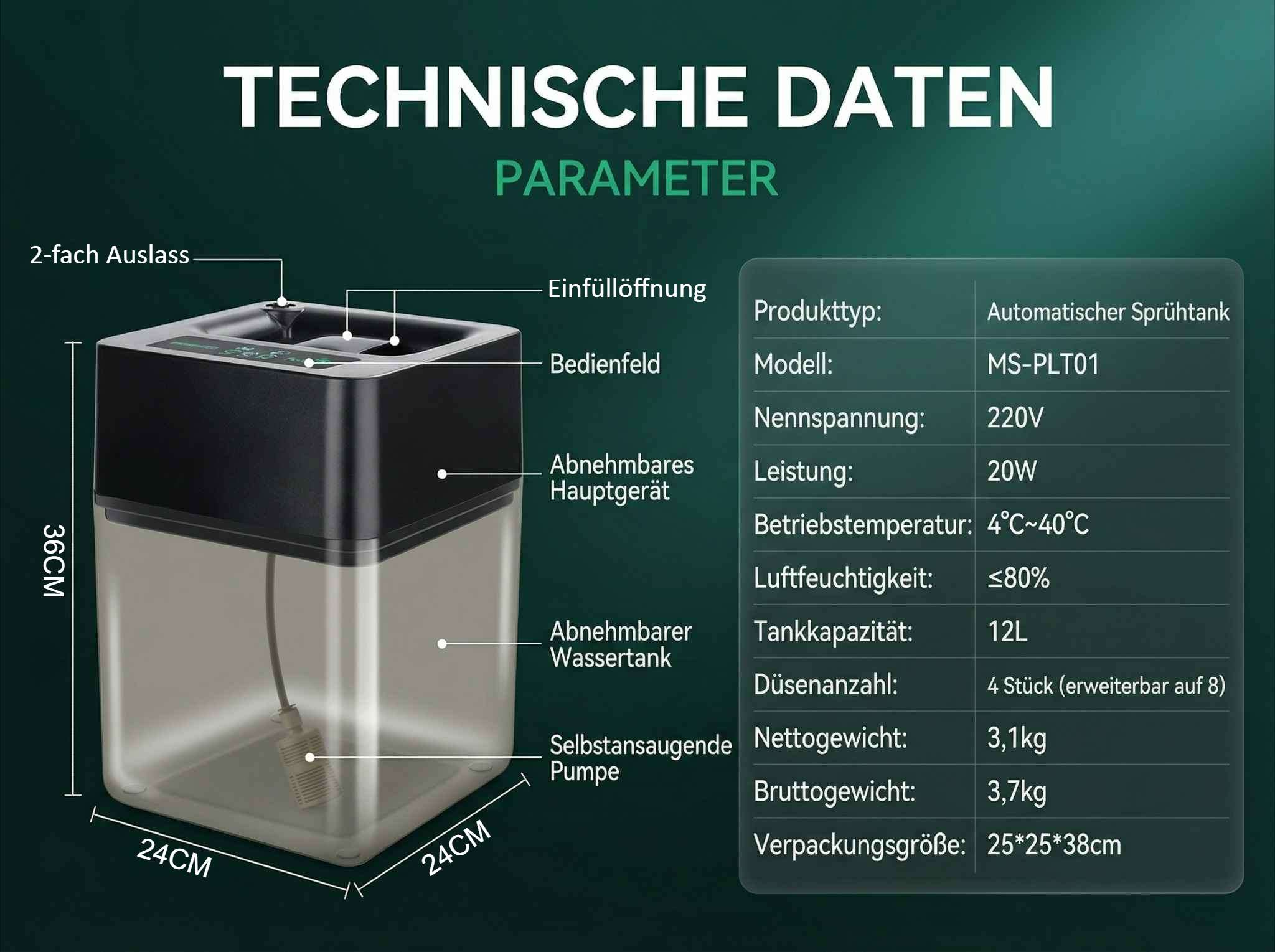Technische Daten eines Sprühtanks mit Maßen, Modell und Spezifikationen.