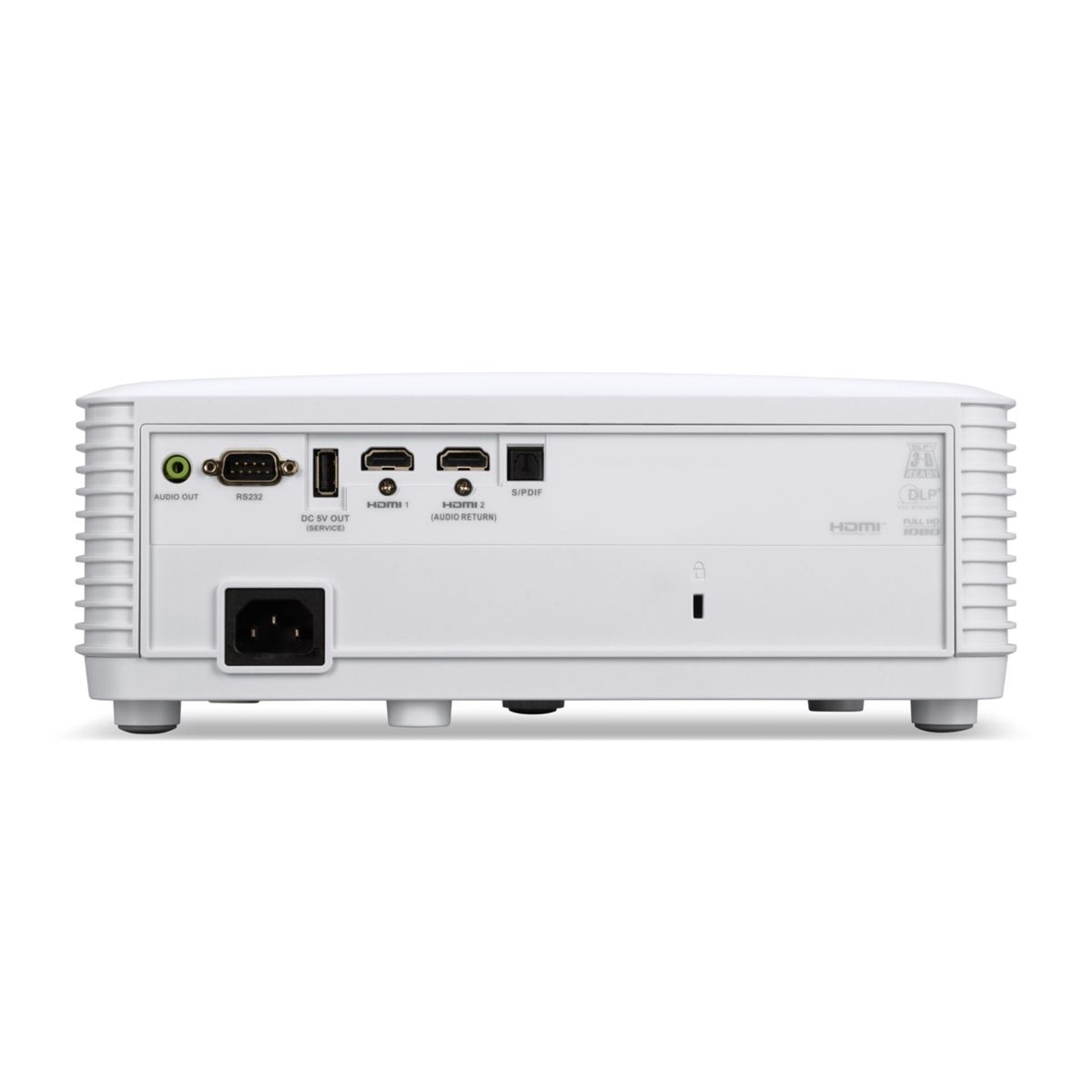 Rückseite eines weißen Projektors mit Anschlüssen: Audio Out, RS232, HDMI, S/PDIF.