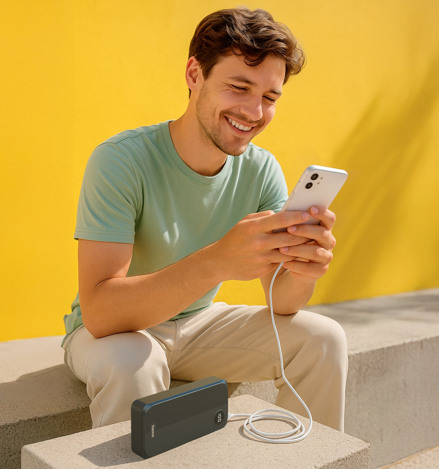 Uśmiechnięty mężczyzna siedzi na zewnątrz, ładuje telefon powerbankiem.
