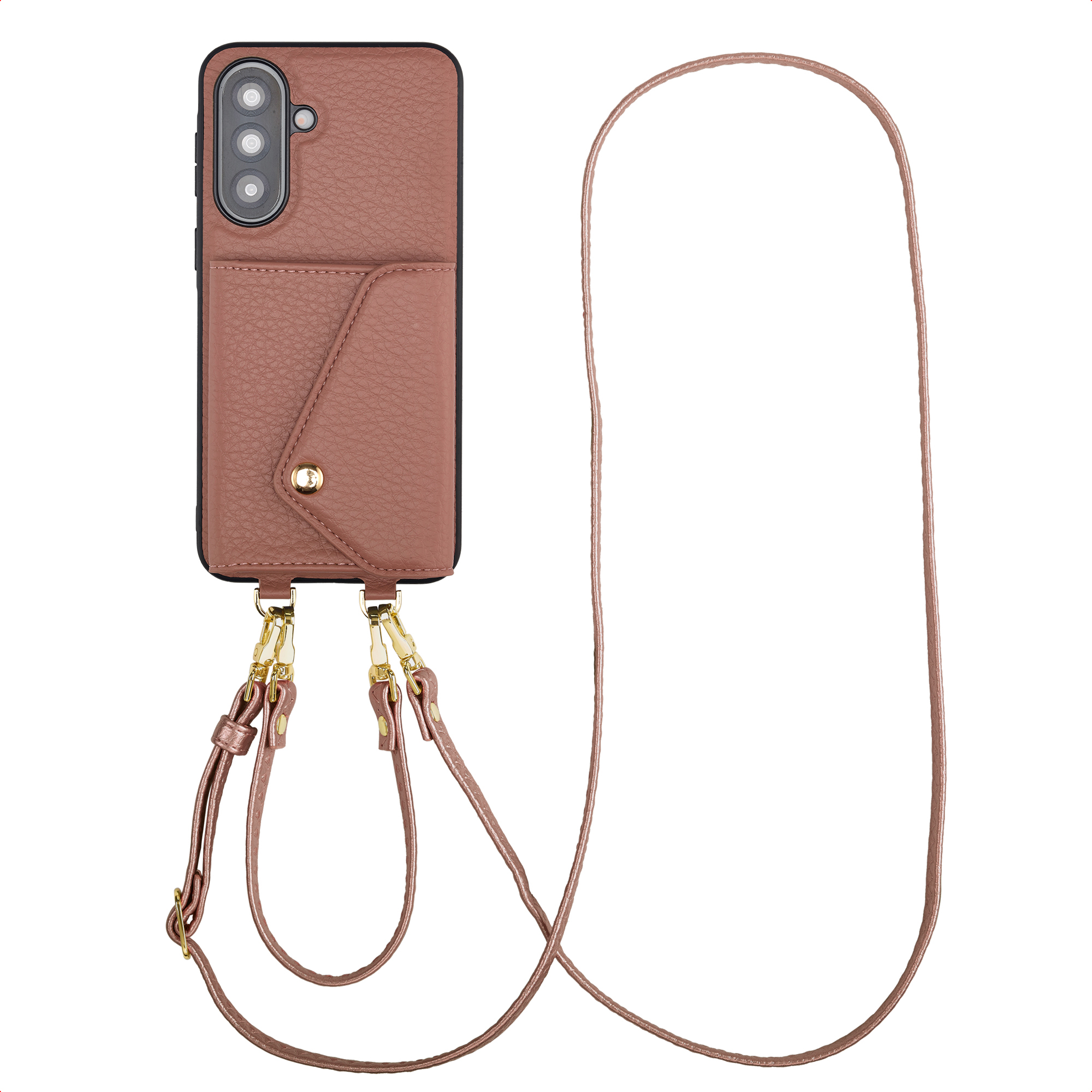 Roségouden telefoonhoes met kaartsleuf en draagband, op witte achtergrond.