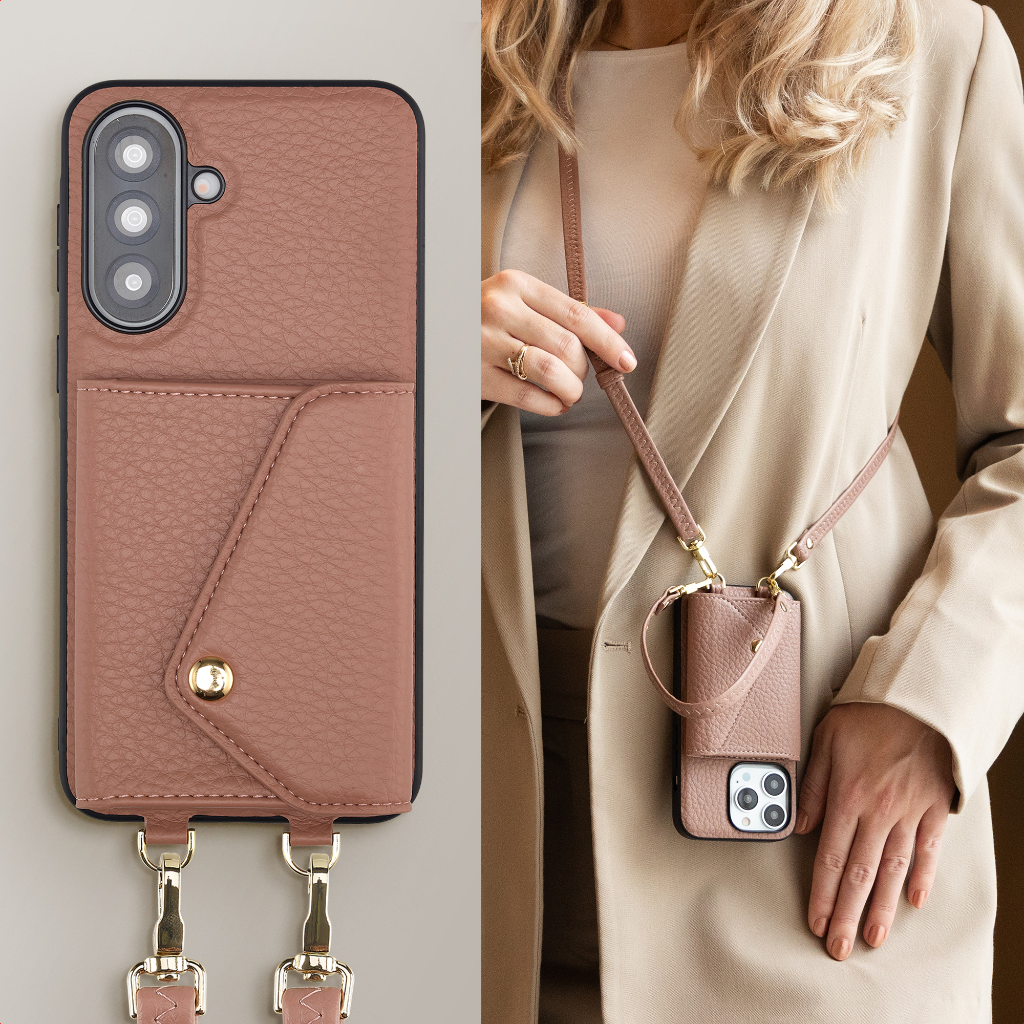 Roze telefoonhoes met kaarthouder en riem, gedragen door vrouw in blazer.