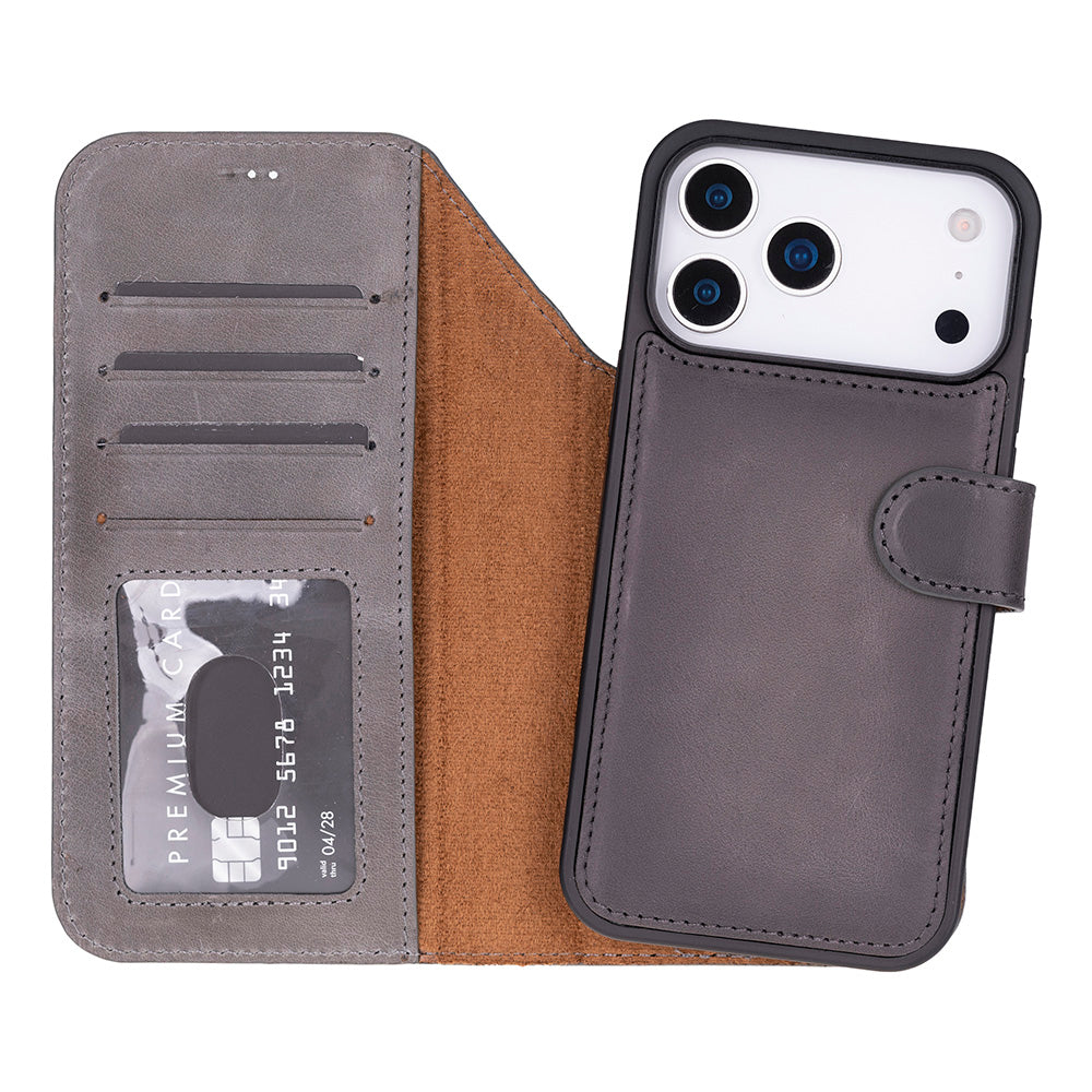 Kart yuvalı ve para bölmeli gri deri iPhone cüzdan kılıfı.