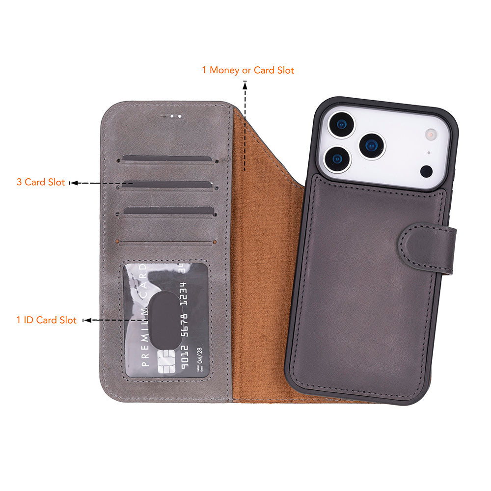 Kart yuvalı ve telefon tutuculu gri telefon kılıfı. 3 kart yuvası, 1 kimlik yuvası bulunur.