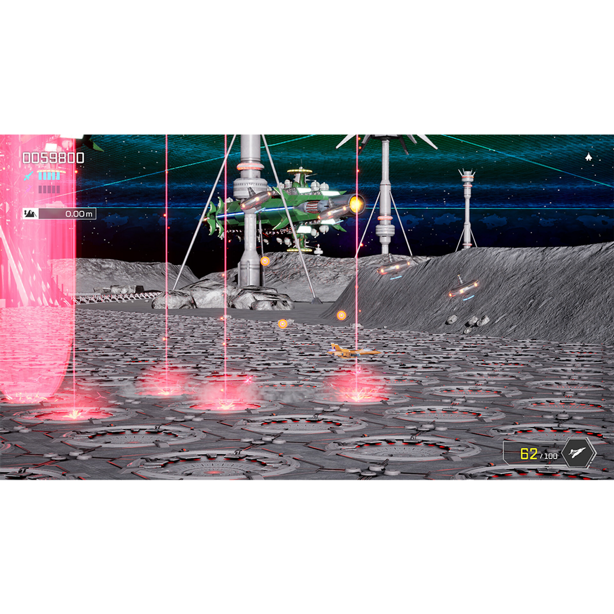 Scena sci-fi su base lunare con astronavi e laser.