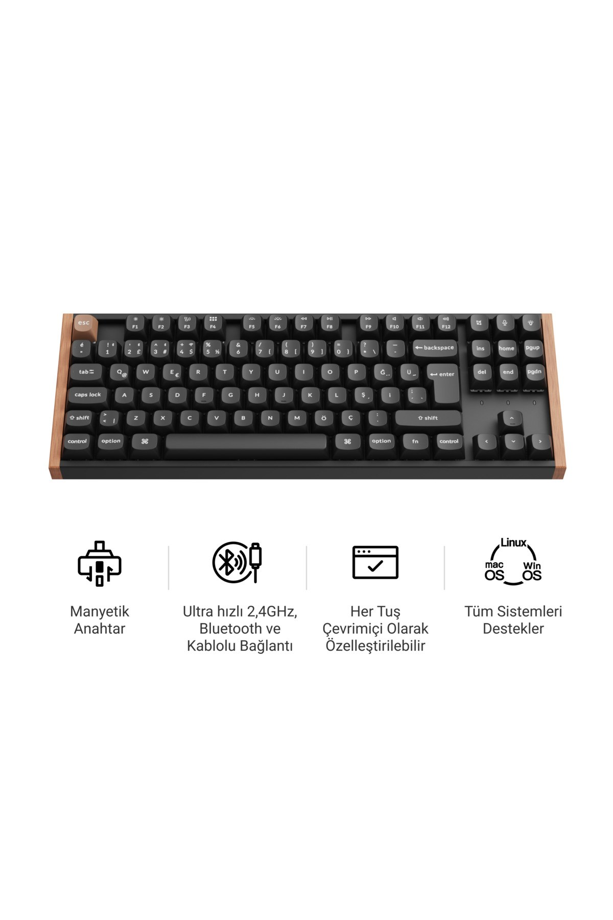 KEYCHRON K8H-F1-TR K8 HE Gateron Çift Raylı Manyetik Anahtar Özel Kablosuz Oyuncu Klavyesi Siyah