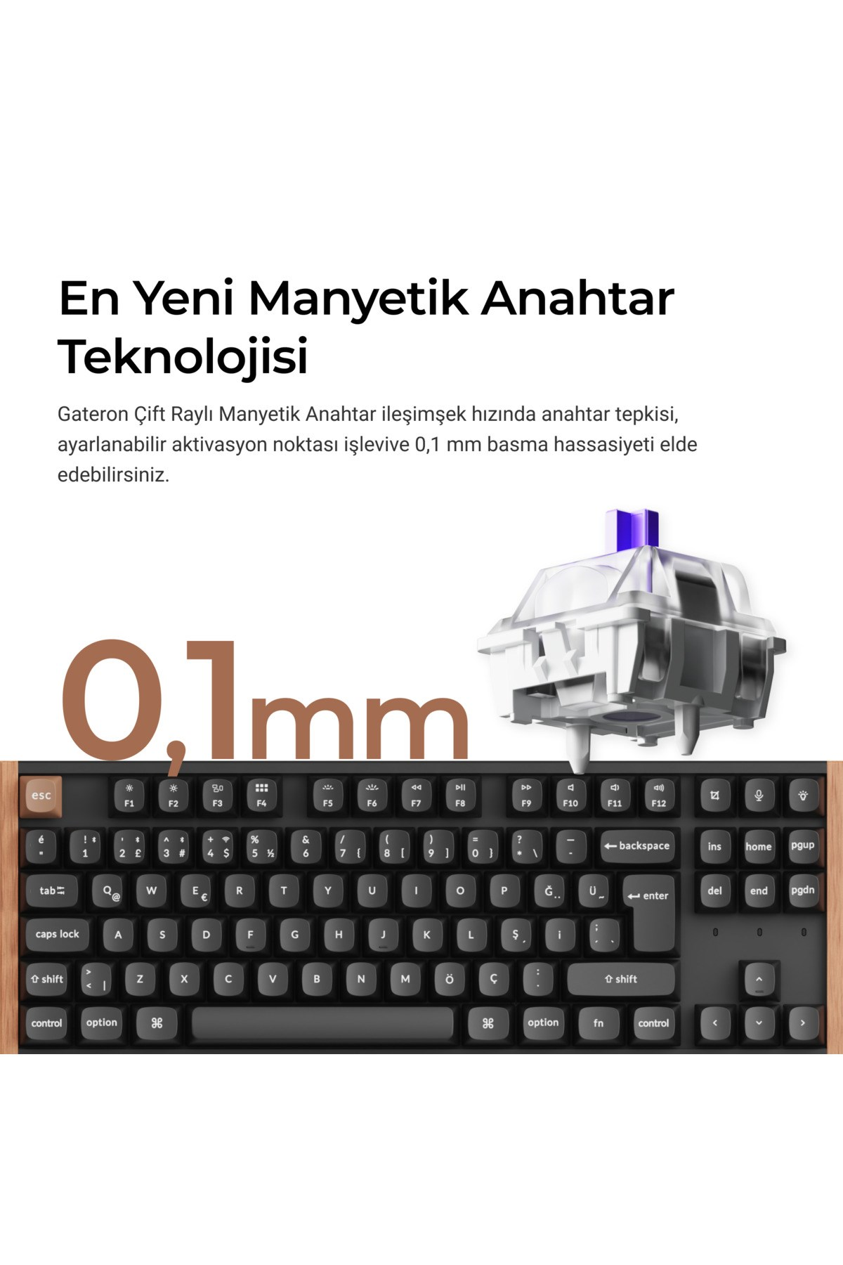 Mekanik anahtarı ve 0,1 mm yazısını vurgulayan klavye yakın çekimi.