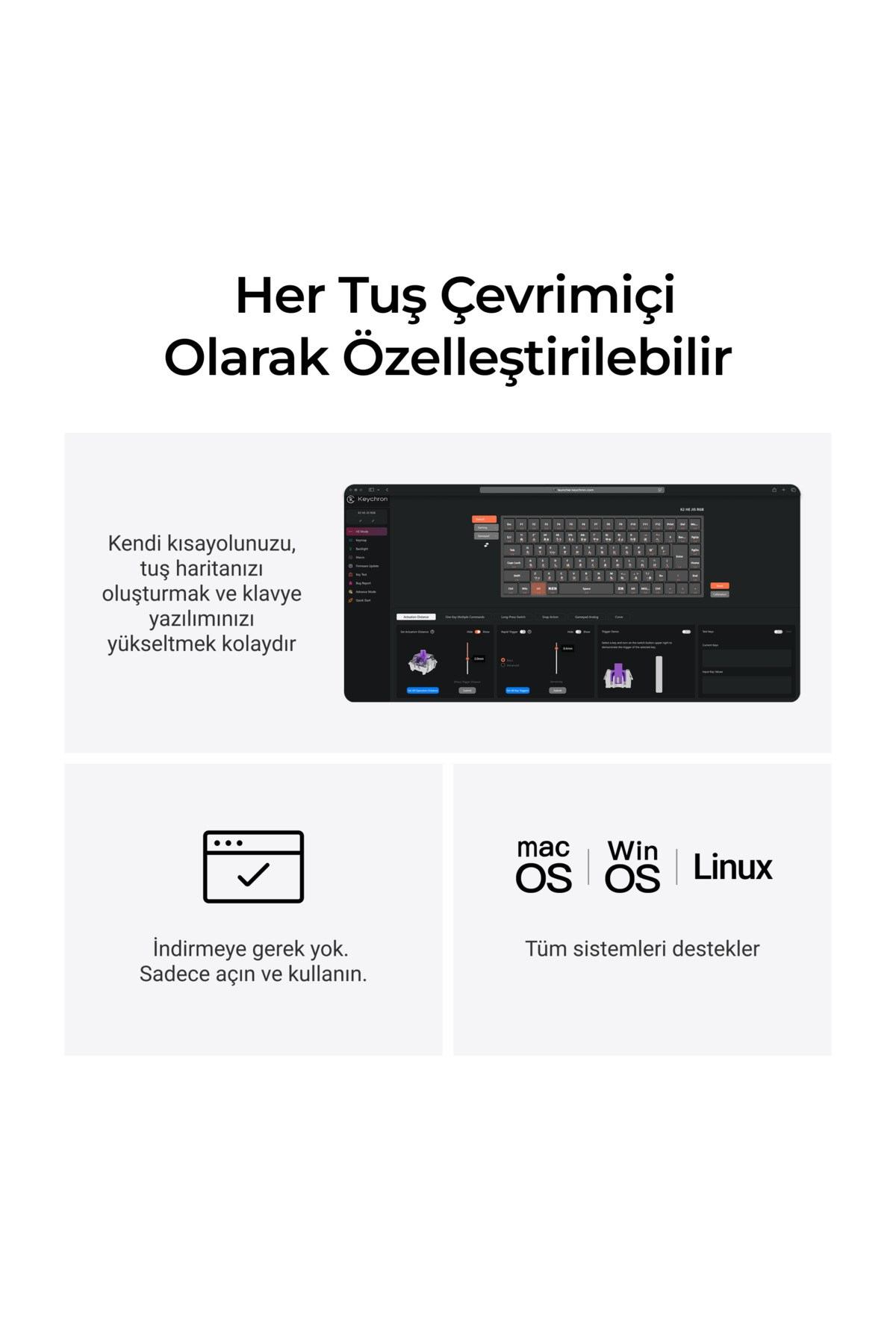 Mac, Win, Linux için klavye özelleştirme yazılımı ekran görüntüsü.