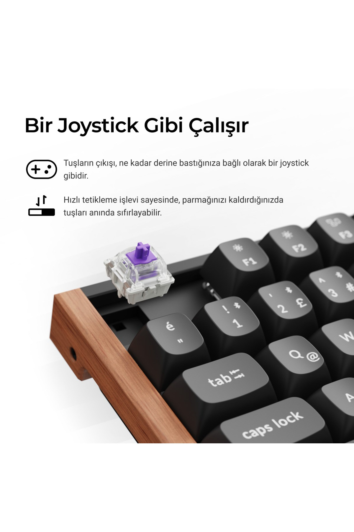 Ahşap çerçeveli klavyede mor renkli çapraz mekanik klavye tuş anahtarı.