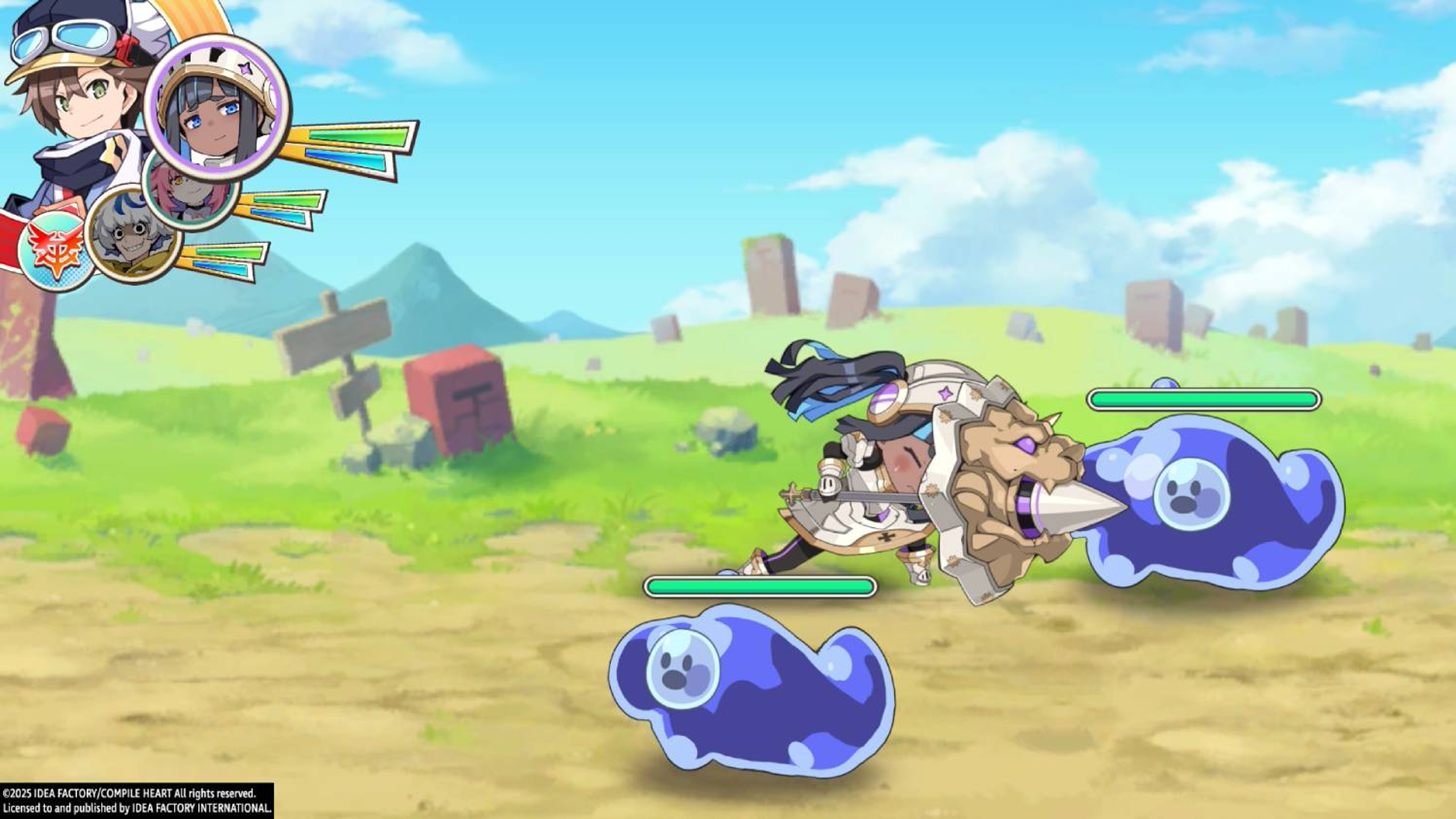 Personaggi combattono mostri slime blu in un paesaggio verde.