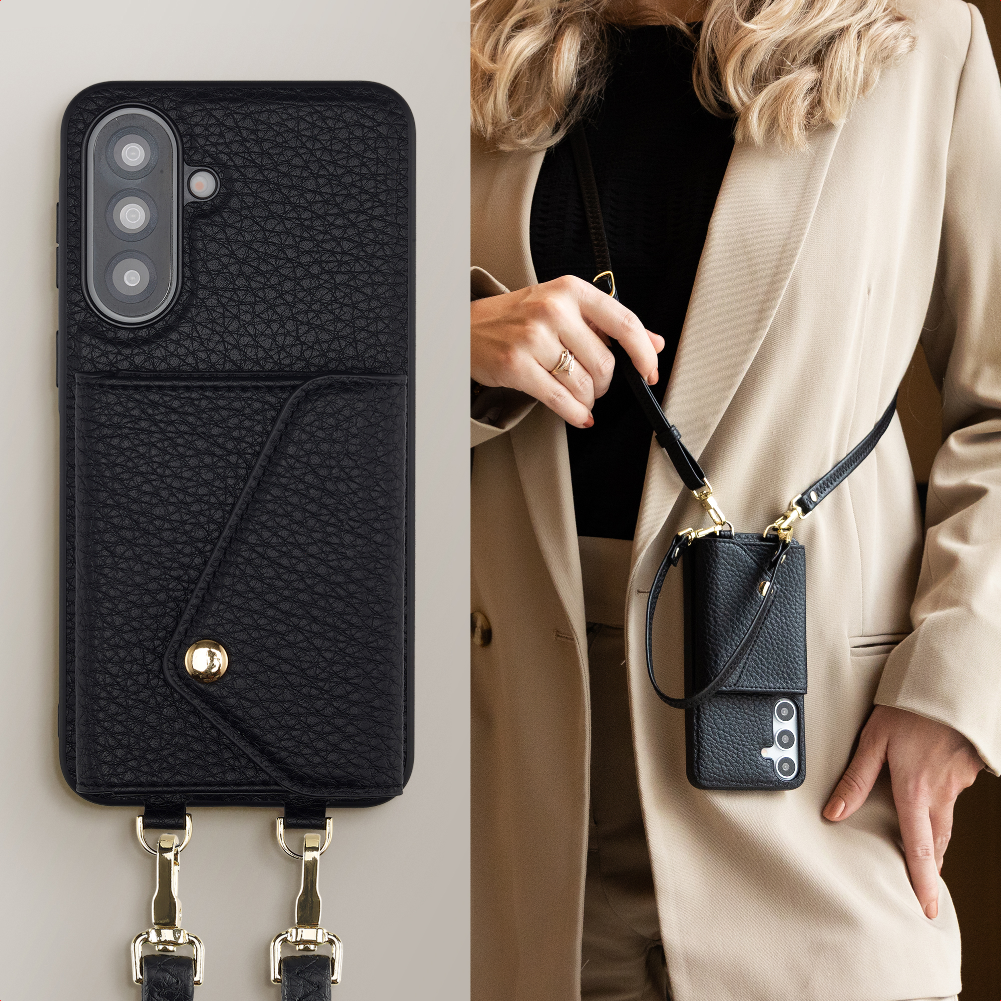 Zwarte leren telefoonhoes met koord en gouden hardware.