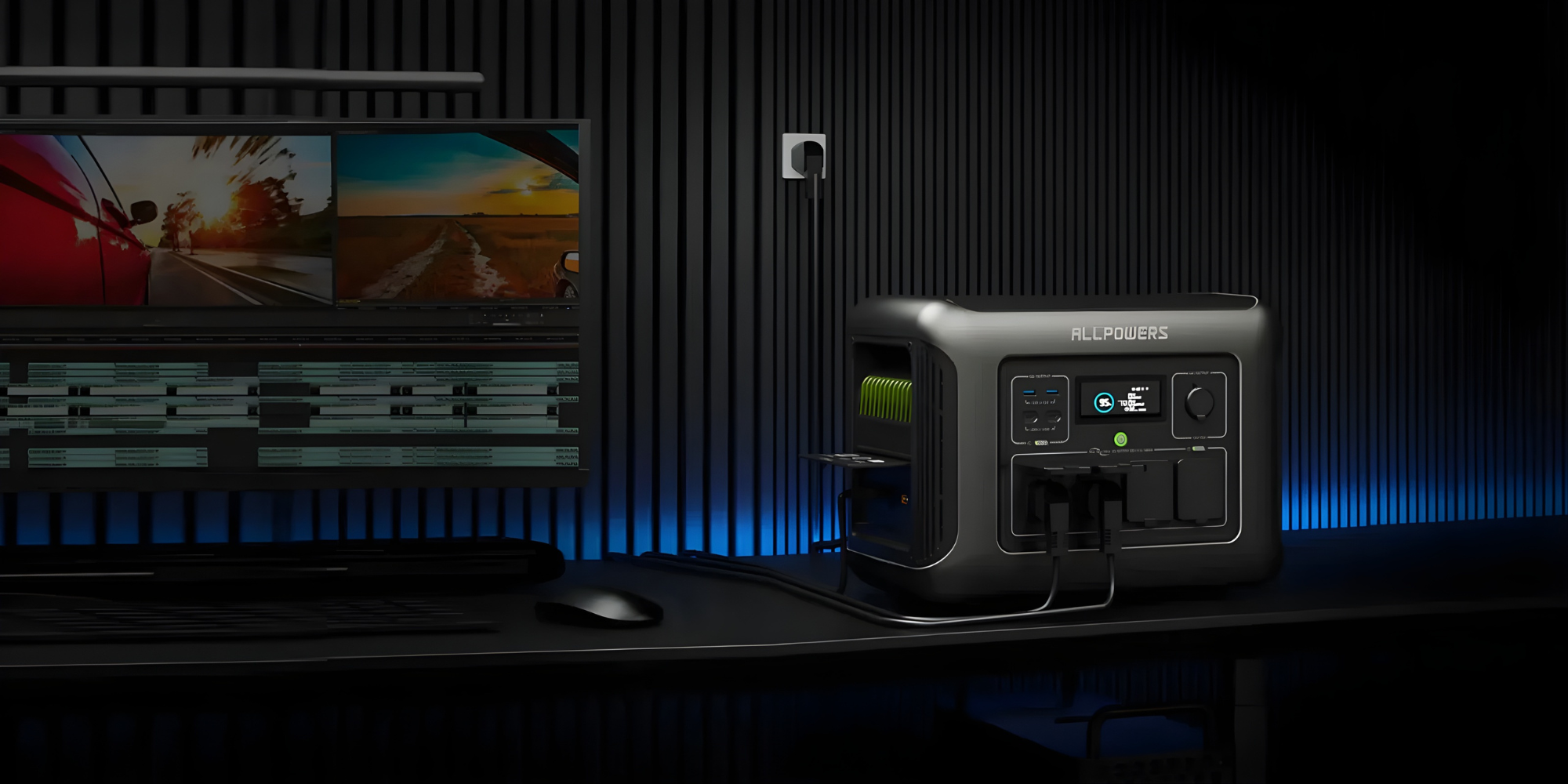 Przenośna elektrownia obok monitora wyświetlającego oś czasu edycji wideo.