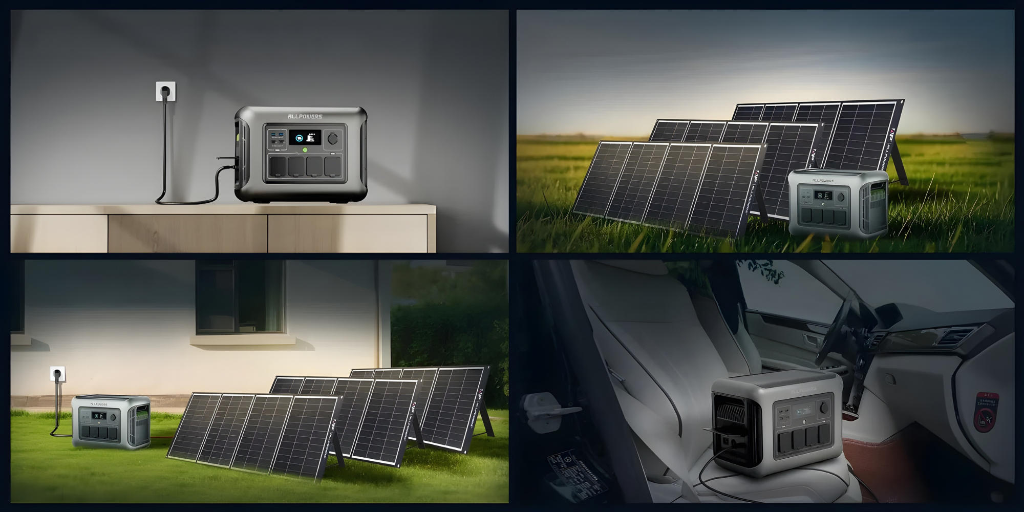 Cztery sceny pokazują przenośną stację zasilania: podłączoną wewnątrz, z panelami słonecznymi na zewnątrz, obok domu i w samochodzie.