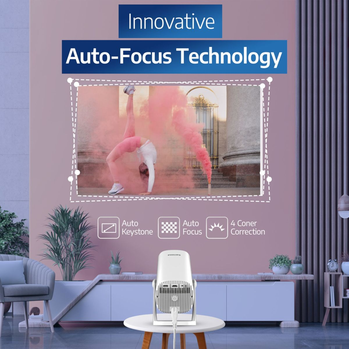 Ein Projektor wirbt für "Auto-Fokus-Technologie" mit einem Bild einer Akrobatin in rosa Rauch.