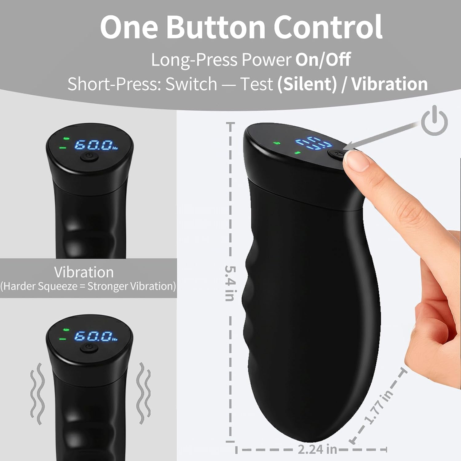 Schwarzer Massager mit Digitalanzeige 60.0. Maße angegeben.