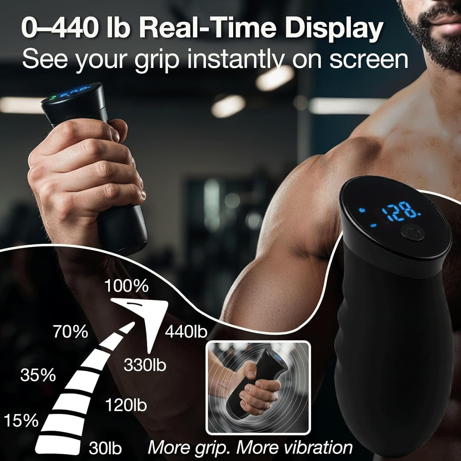 Ein Mann hält einen schwarzen Handtrainer mit digitaler Anzeige, die 128 lb anzeigt.