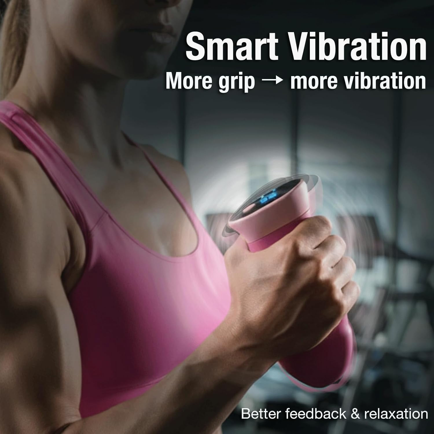 Frau hält rosa Vibrationsgerät. "Smart Vibration" Text.