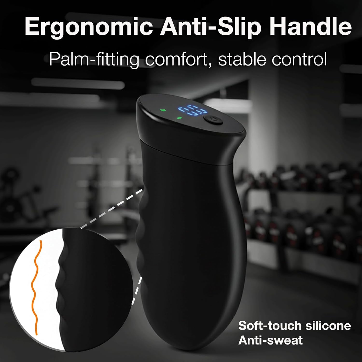 Schwarzer ergonomischer Griff mit digitaler Anzeige und Silikontextur.