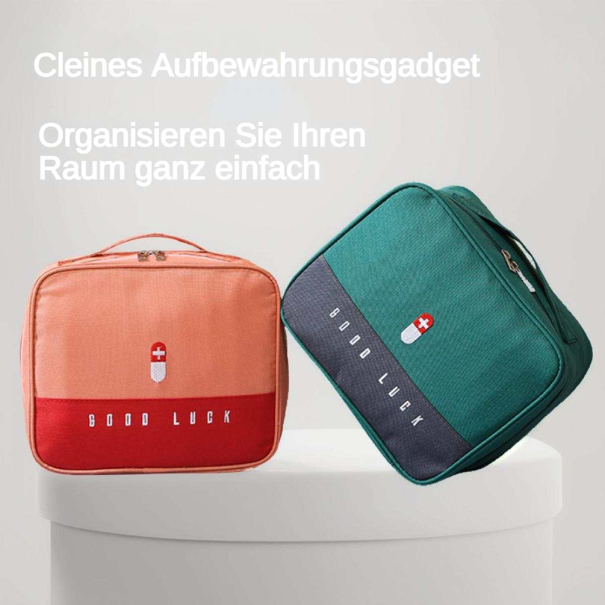 Zwei Aufbewahrungsbeutel, einer orange, einer grün, mit Text und medizinischem Symbol.