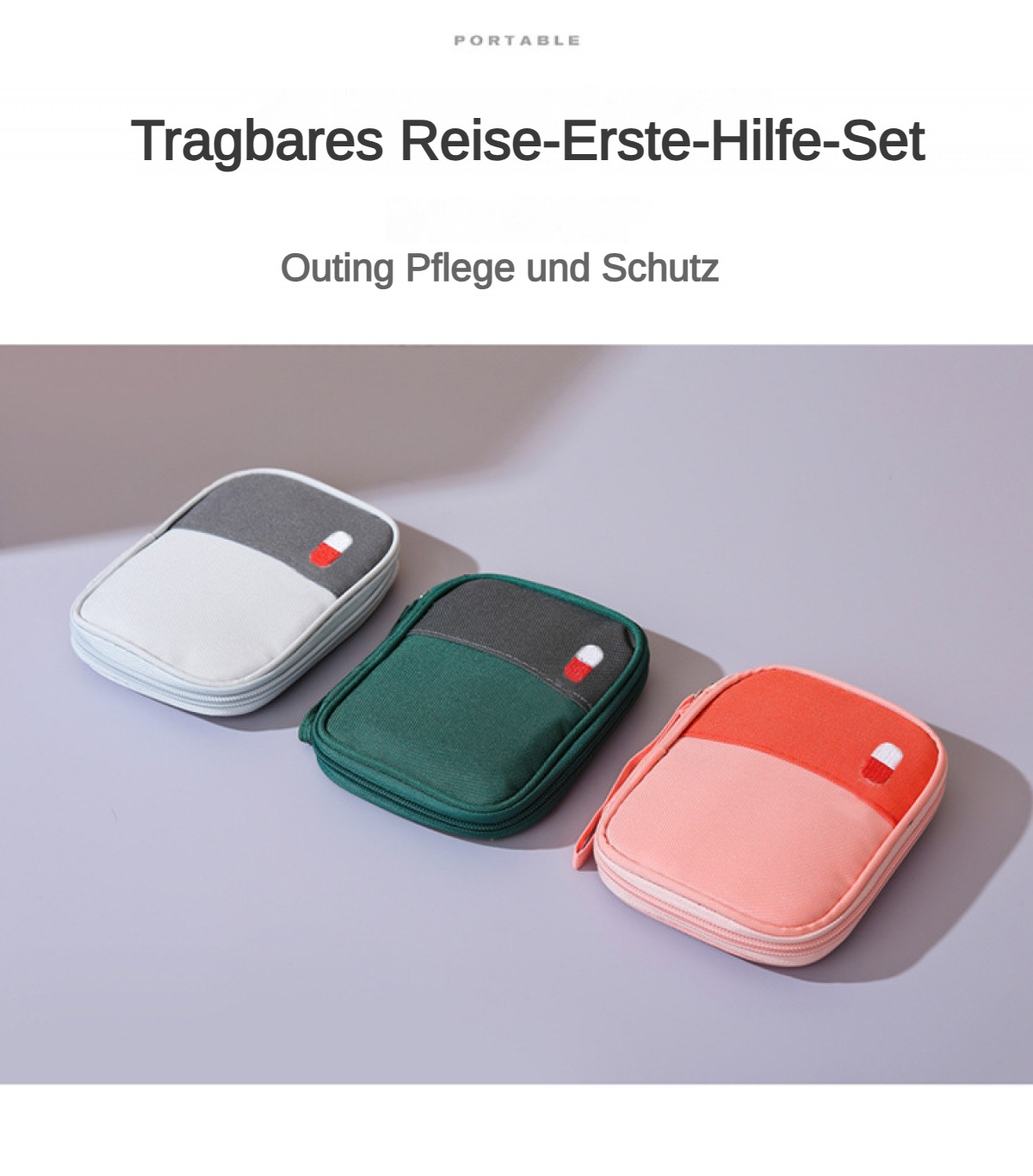 Drei kompakte Reise-Etuis in Weiß/Grau, Grün/Grau und Rosa/Koralle auf grauem Grund.