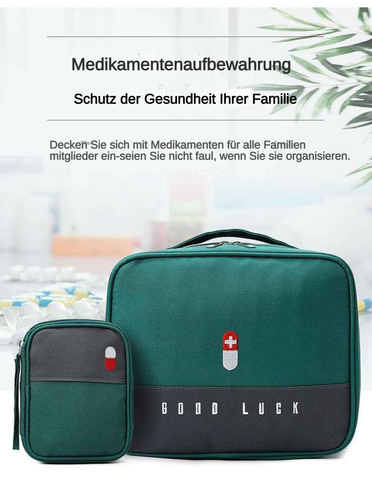 Zwei grüne und graue Arzttaschen mit Pillen und Text.