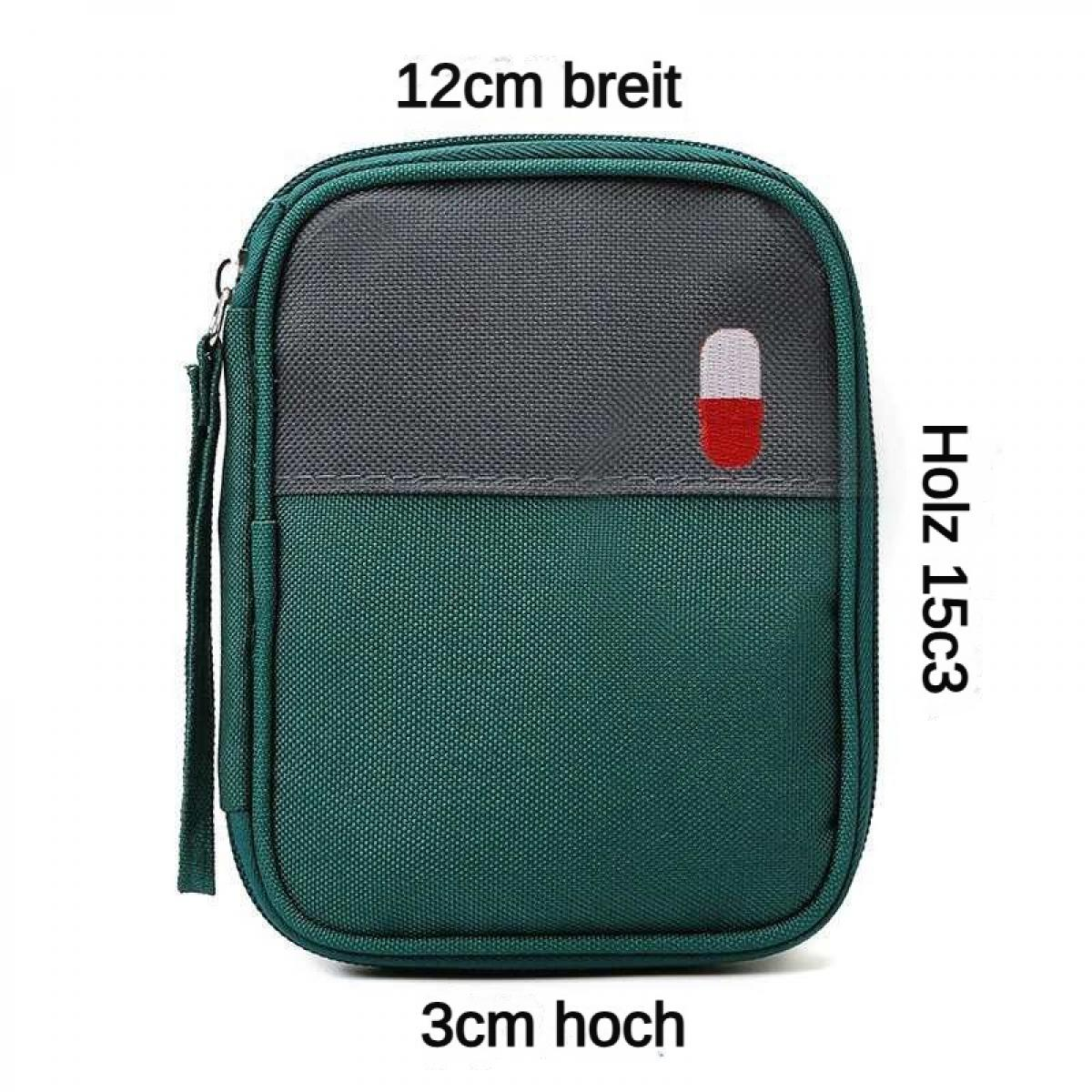 Grüne Tasche mit grauem Oberteil und Pillen-Aufnäher. Maße: 12x15x3cm.