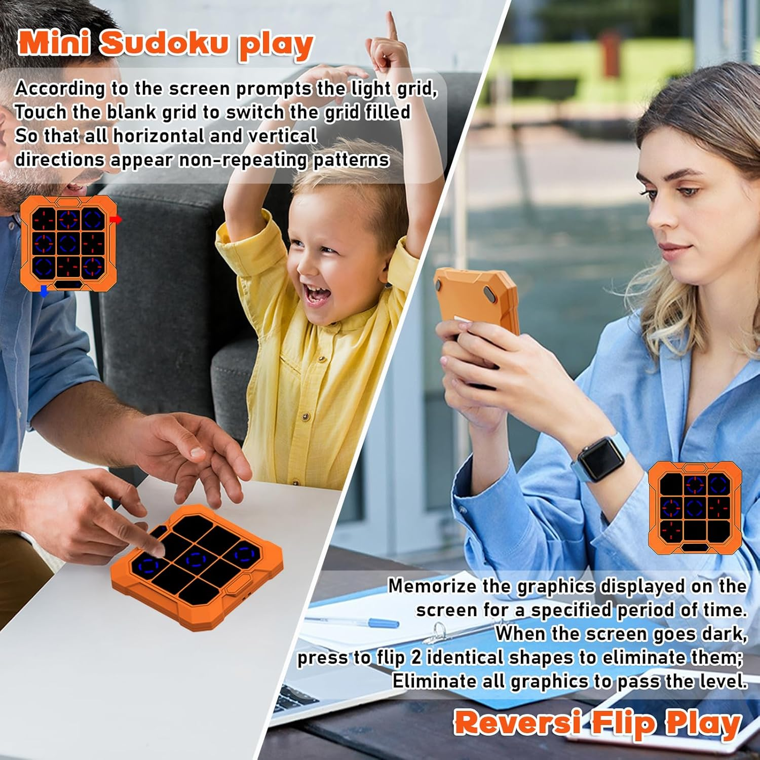 Mann und Kind spielen ein orangefarbenes Mini-Sudoku-Spiel. Eine Frau spielt ein orangefarbenes Spiel.