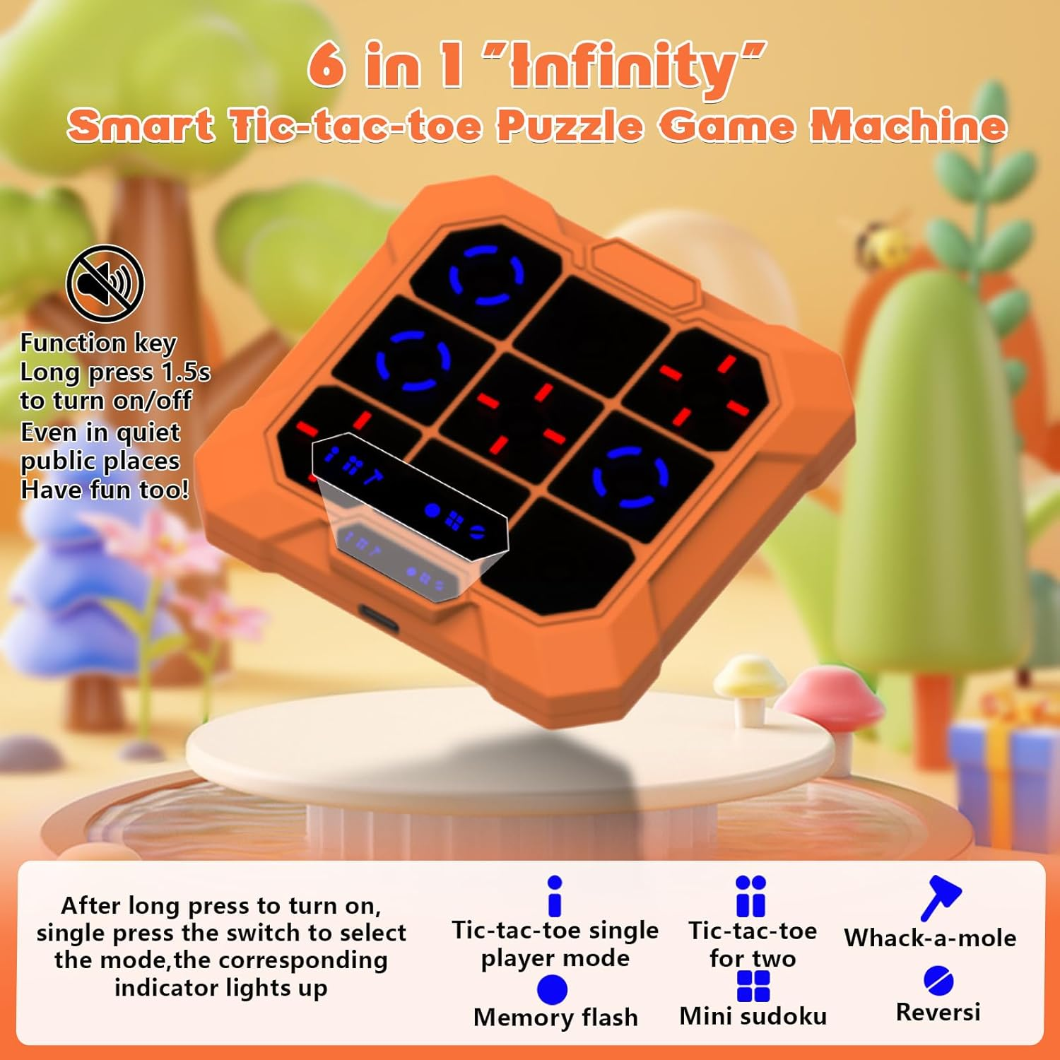 Orange 6-in-1-Smart-Spielgerät mit Tic-Tac-Toe-Gitter, zeigt Spielmodi an.