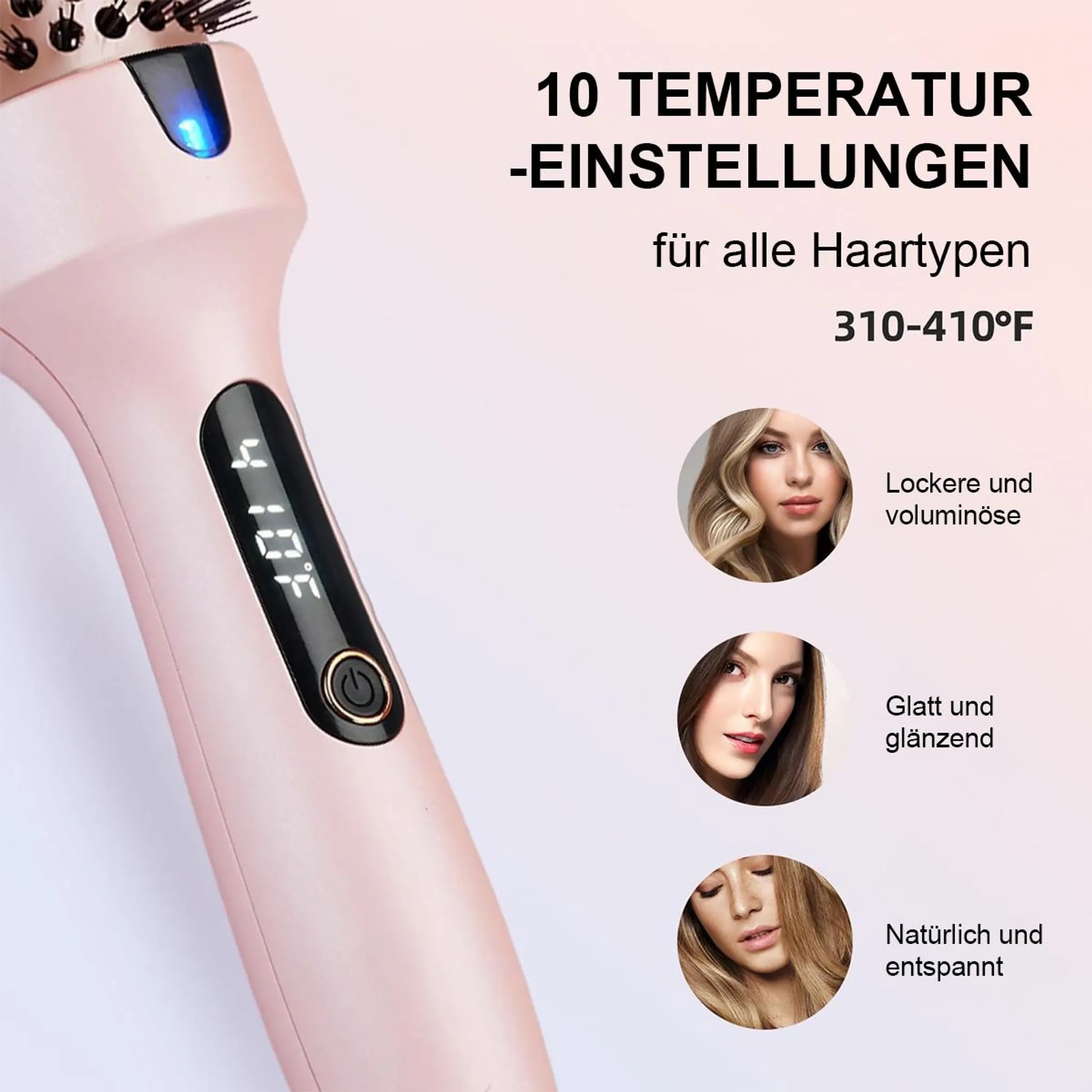 Ein rosafarbener Haartrockner mit digitalen Temperaturanzeigen und Frauenbildern.