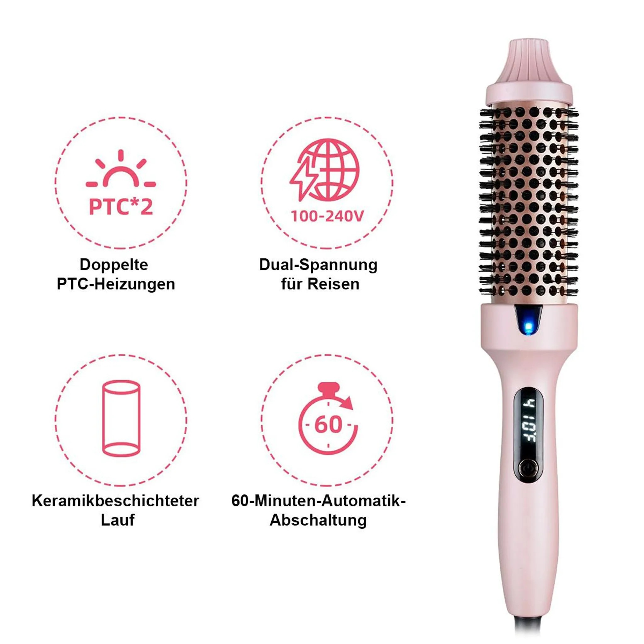 Ein rosafarbenes Haarstylinggerät mit Bürstenkopf, Symbolen für PTC, Spannung, und Timer.