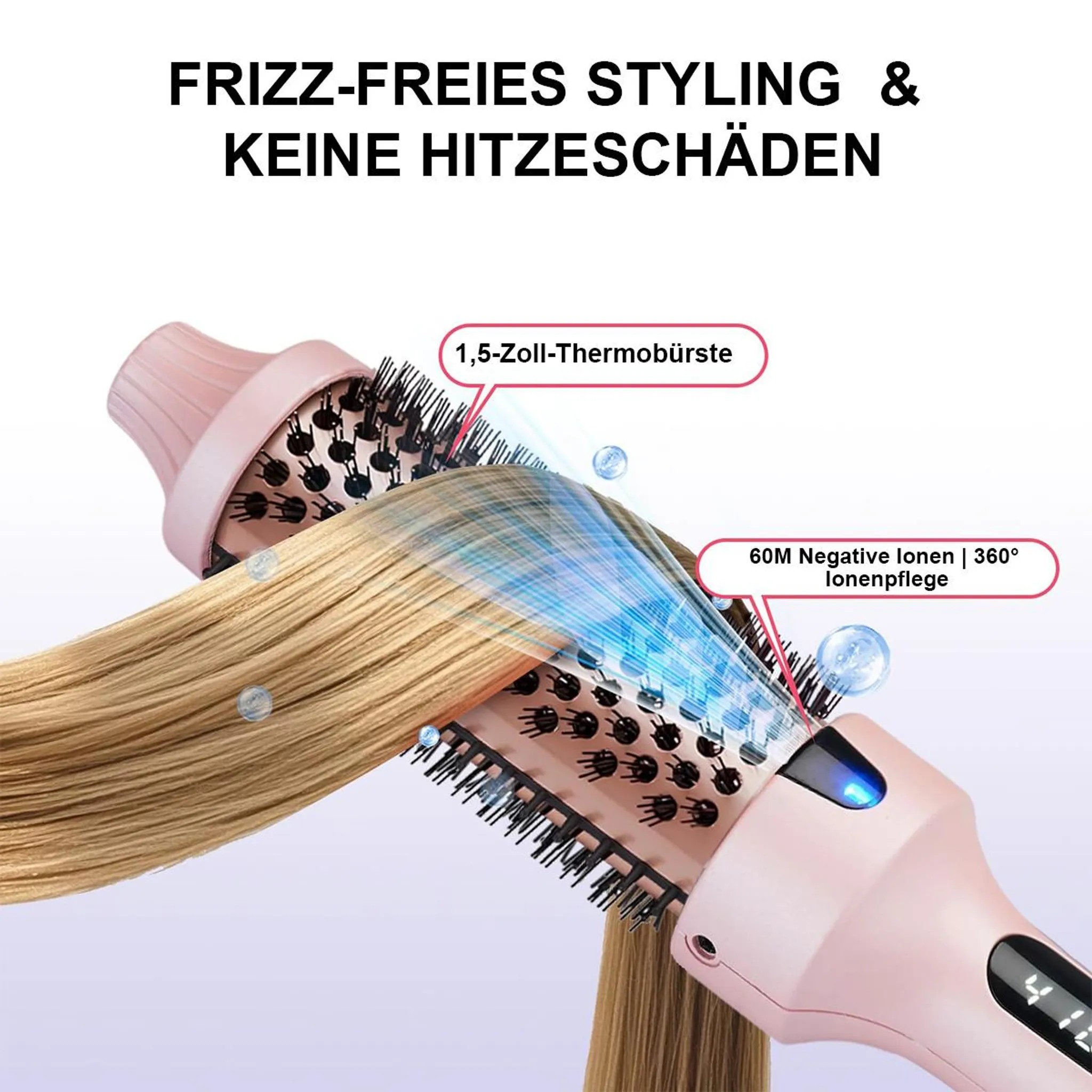 Eine rosafarbene Haarbürste mit Borsten, die durch blondes Haar gleitet.